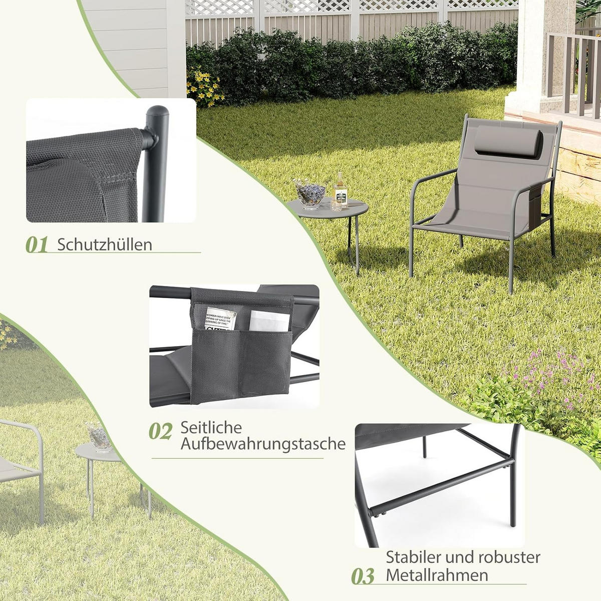 TRÄDGÅRDSMÖBLER Set Grå (3 delar) - Grå, Metall - COSTWAY