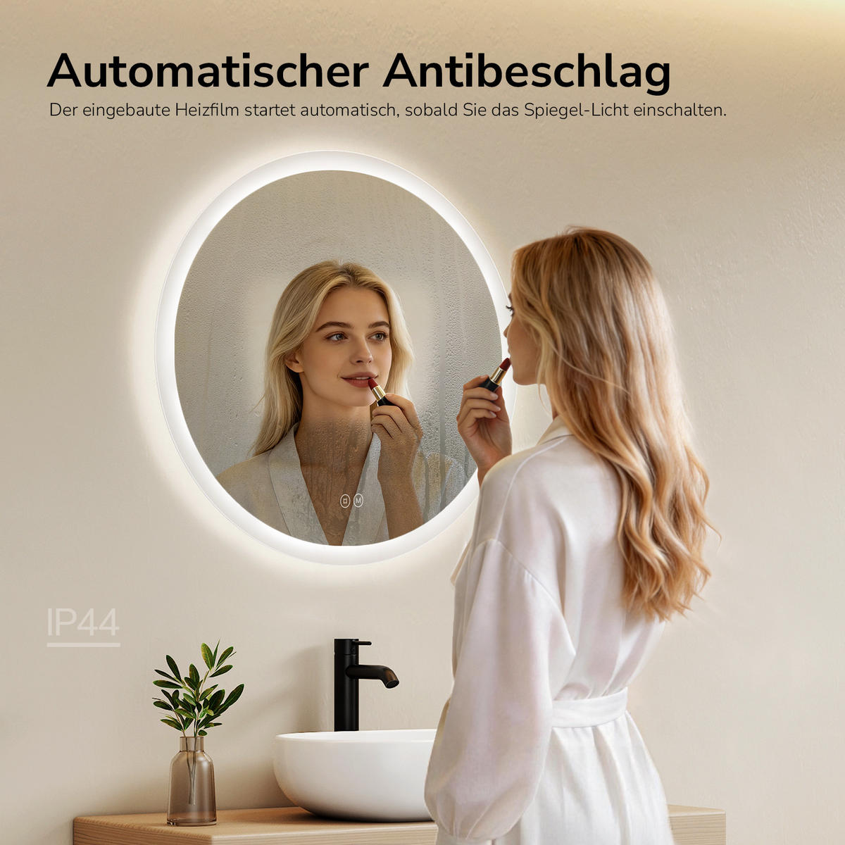 BADSPIEGEL Rund mit LED-Beleuchtung Lichtrand, 3 Lichtfarben, beschlagfrei, Ø 80 cm - Transparent, Glas (80/80/3.5cm) - EMKE