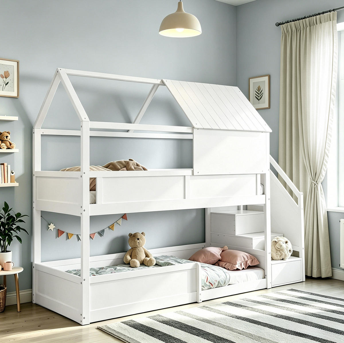 ETAGENBETT aus Massivholz 80x200 cm Weiß mit Treppe, Dachdesign und Sicherheitsgeländer - Weiß, Holz (80/200cm) - Modfu