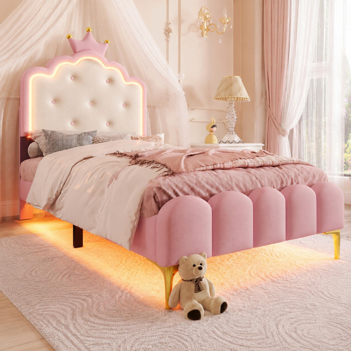 KINDERBETT 90/200 mit LED, Lattenrost, Fernbedienung und Kronenform in Rosa - Rosa, Holzwerkstoff/Textil (90/200cm) - EVRYAE