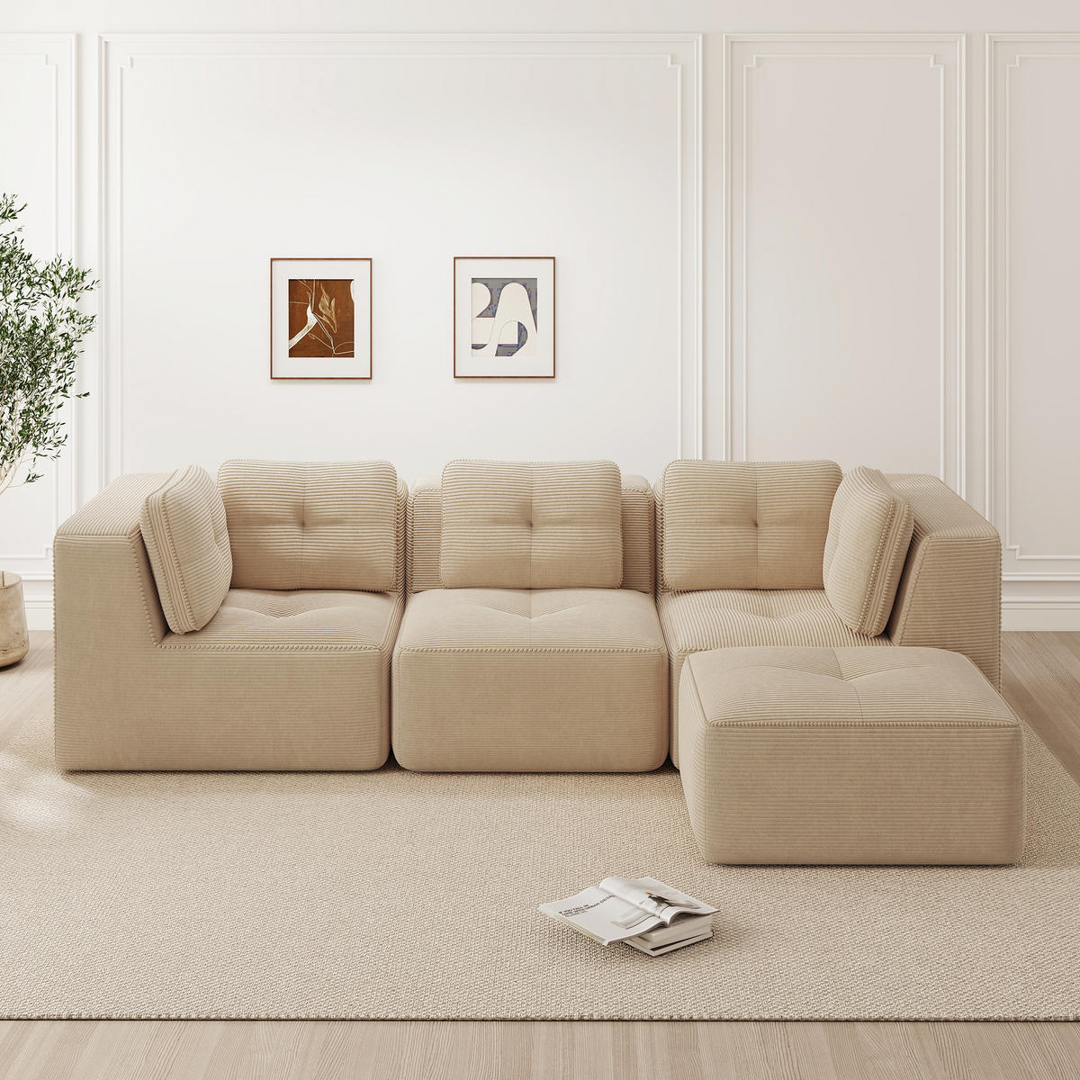 ECKSOFA Cord Beige Modulares Design mit Kissen und Hocker - Beige, Textil (297/177cm) - WISHDOR