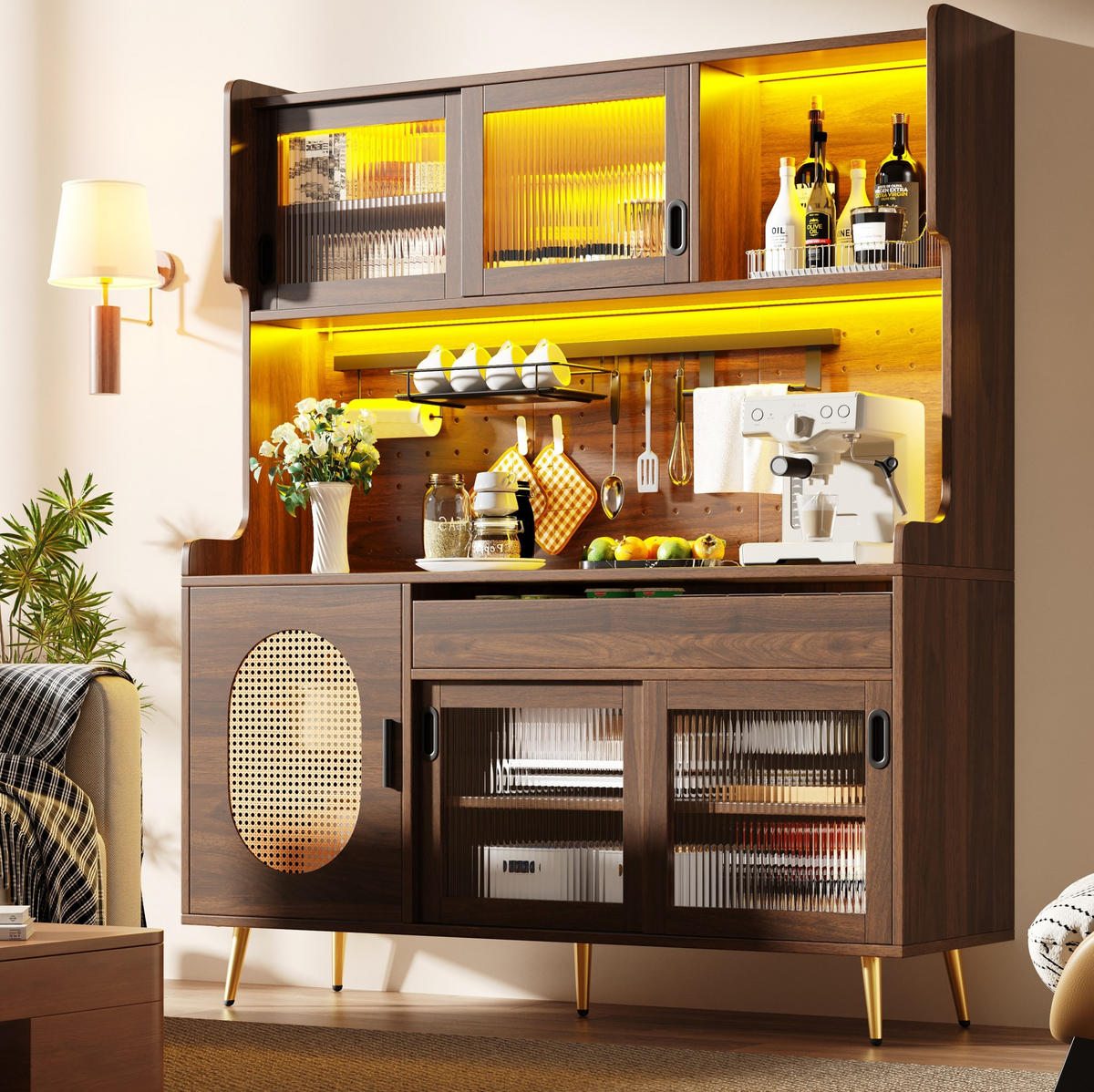 BUFFETSCHRANK 145/39/171 cm braun aus MDF mit LED, Lochplatte und Fluted-Glas-Türen - Braun, Holzwerkstoff (145/171/39cm) - OKWISH