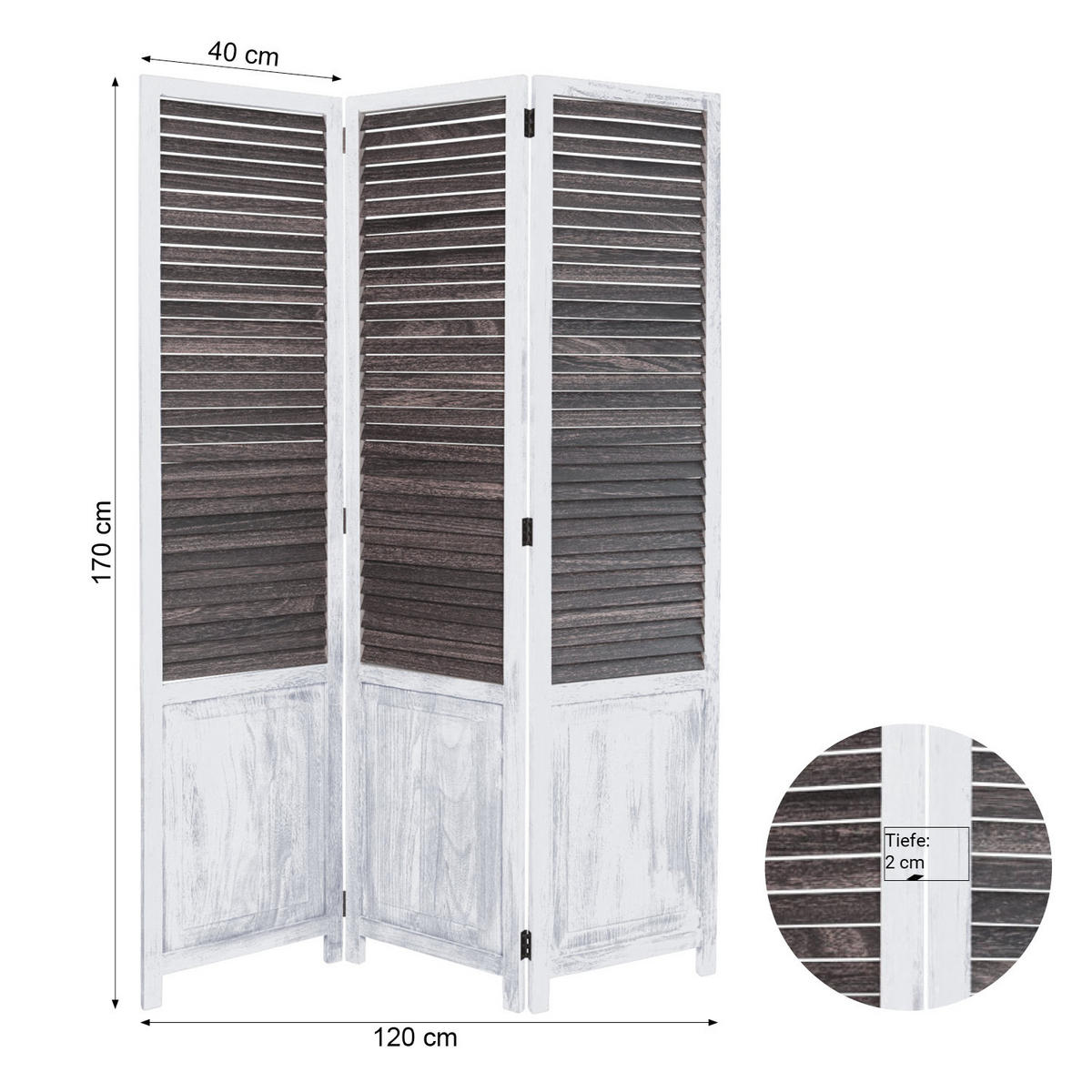 PARAVENT 3-tlg. 120/170 cm Weiß shabby washed - Weiß, Holz (120/170/2cm) - Homestyle4u