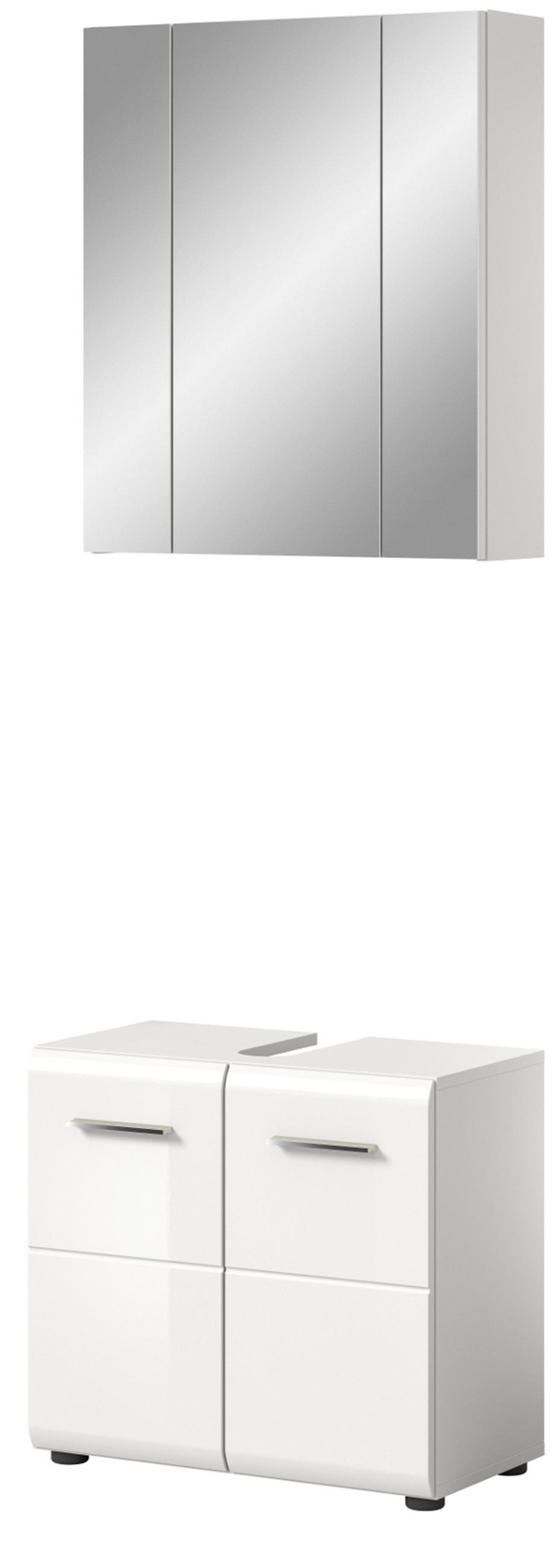 BADMÖBEL-SET weiß Hochglanz 2-teilig, Badkombination 60 cm - Weiß Hochglanz/Silberfarben, Glas/Holzwerkstoff (60/185/30cm) - Inn.Furn