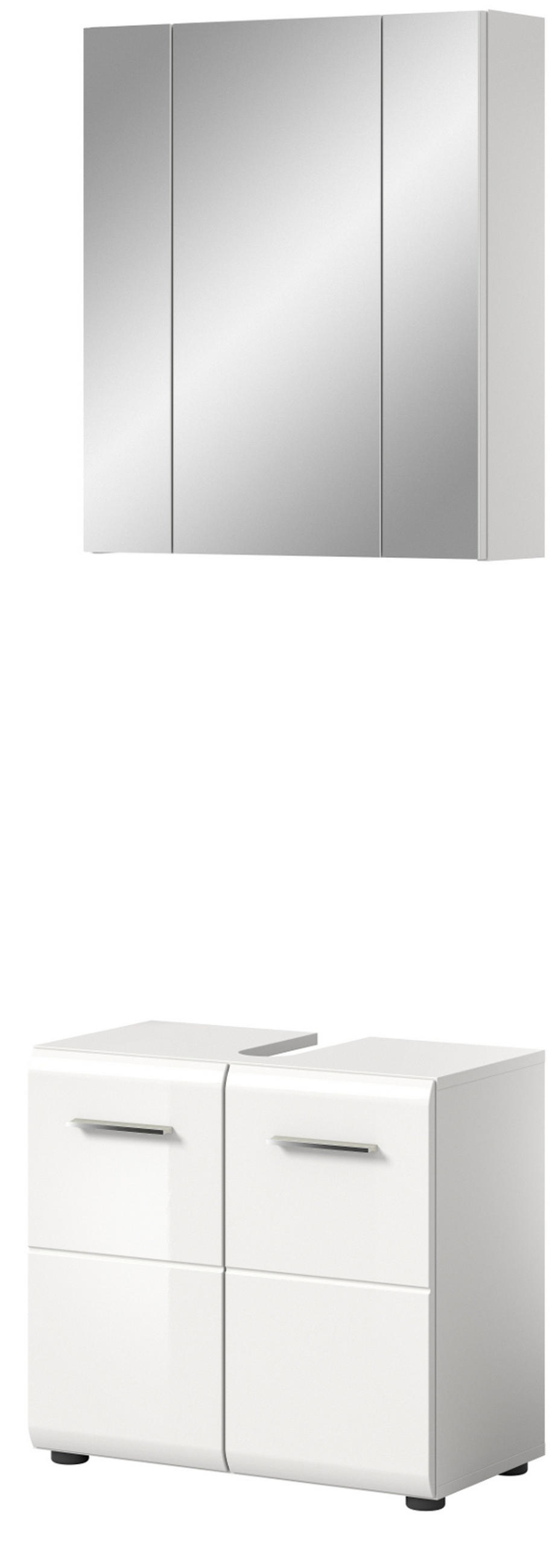 BADMÖBEL-SET weiß Hochglanz 2-teilig, Badkombination 60 cm - Weiß Hochglanz/Silberfarben, Glas/Holzwerkstoff (60/185/30cm) - Inn.Furn