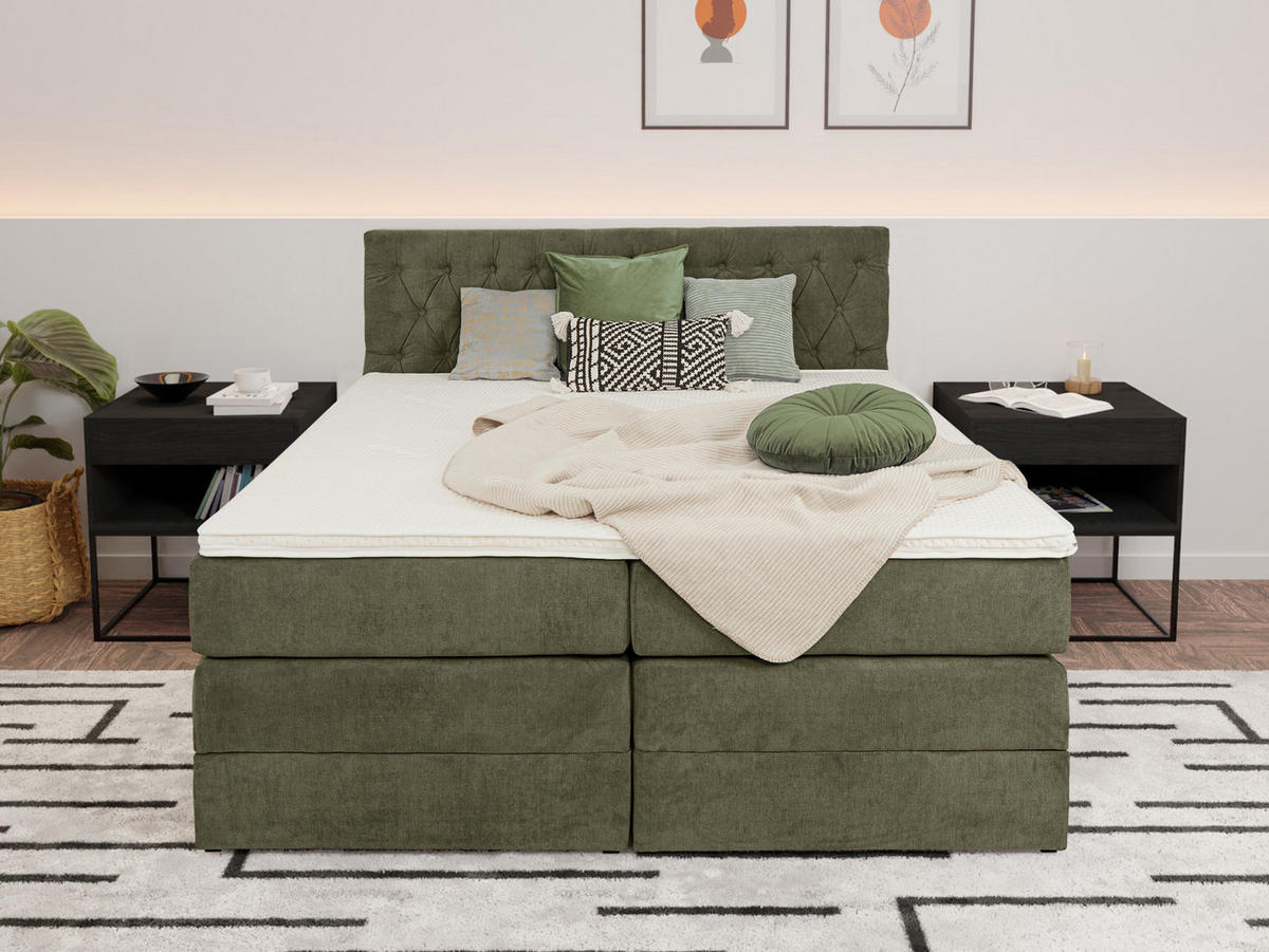 BOXSPRINGBETT Verona Olive 160/200 cm H2/H3 Samt - Olivgrün, Textil (160/200cm) - wonello