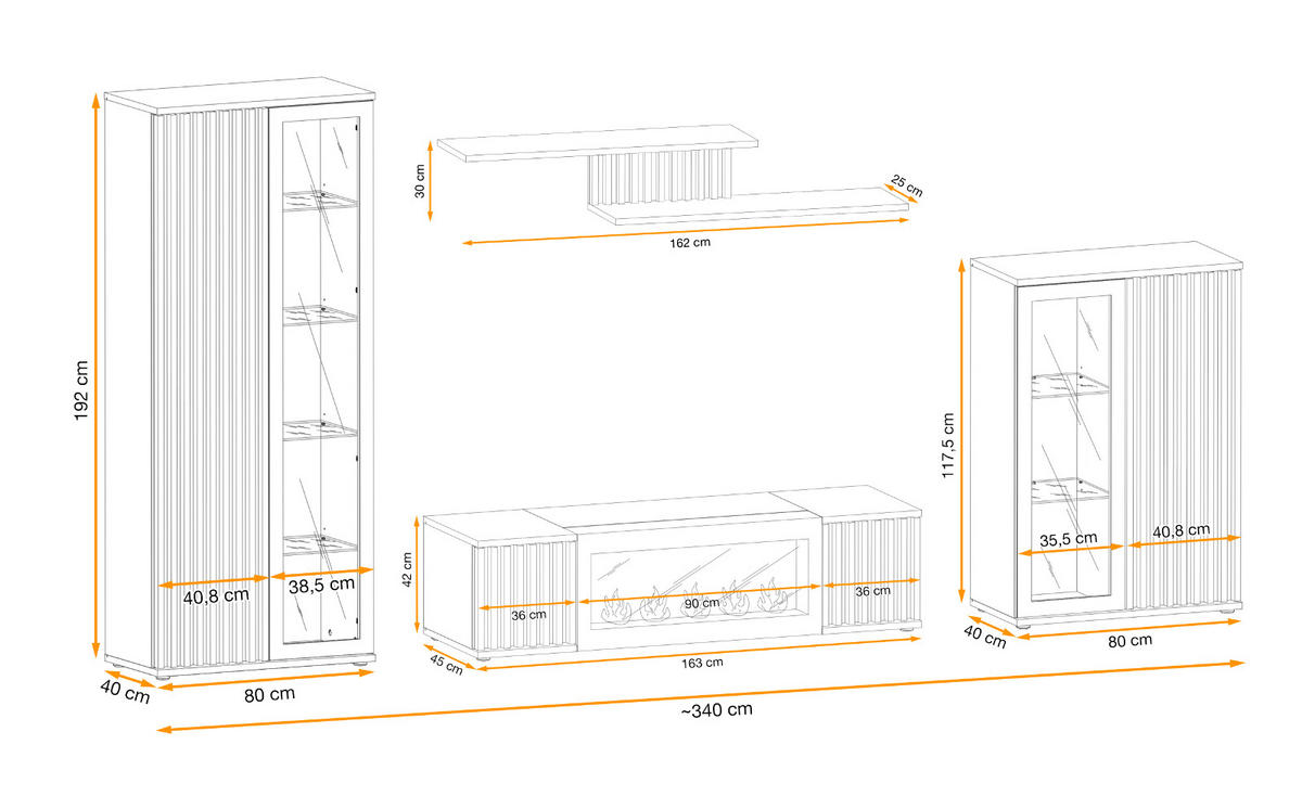 WOHNWAND schwarz, Eiche Jackson 353 cm, Schrankwand mit Kamin - Eichefarben/Schwarz, Glas/Holzwerkstoff (340/192/45cm) - Furn.Design