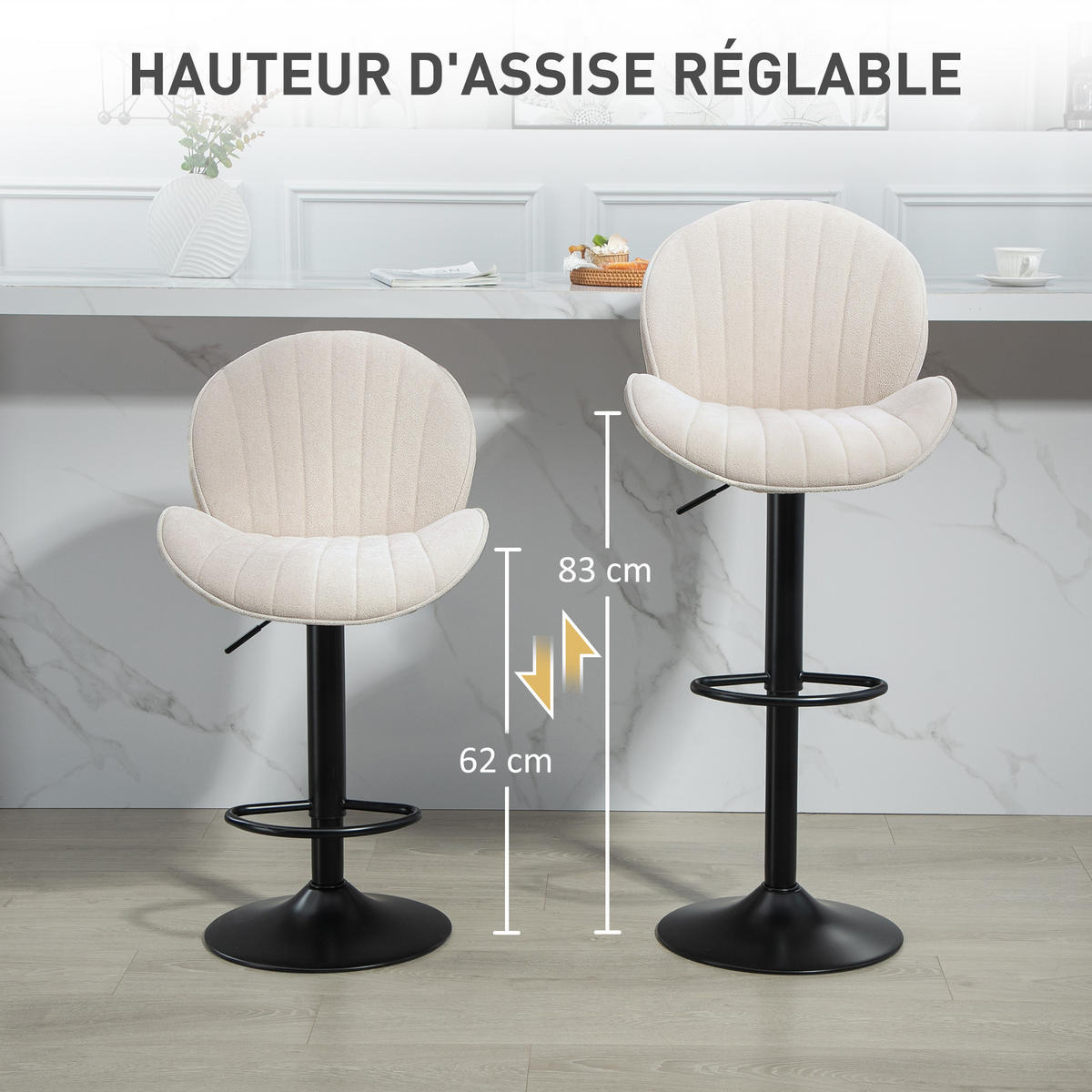 BARHOCKER 2er-Set DE-14755 muschelförmig & höhenverstellbar Beige - Beige, Metall (48/115/50cm) - ComfortXL