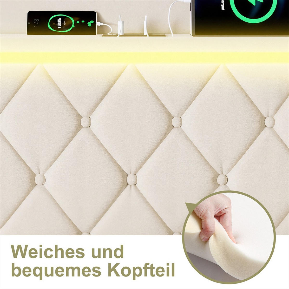 POLSTERBETT 140x200cm mit hydraulischem Stauraum - LED Beleuchtung & Ladefunktion - ohne Matratze - Beige - Beige, Textil (140/200cm) - DELFA