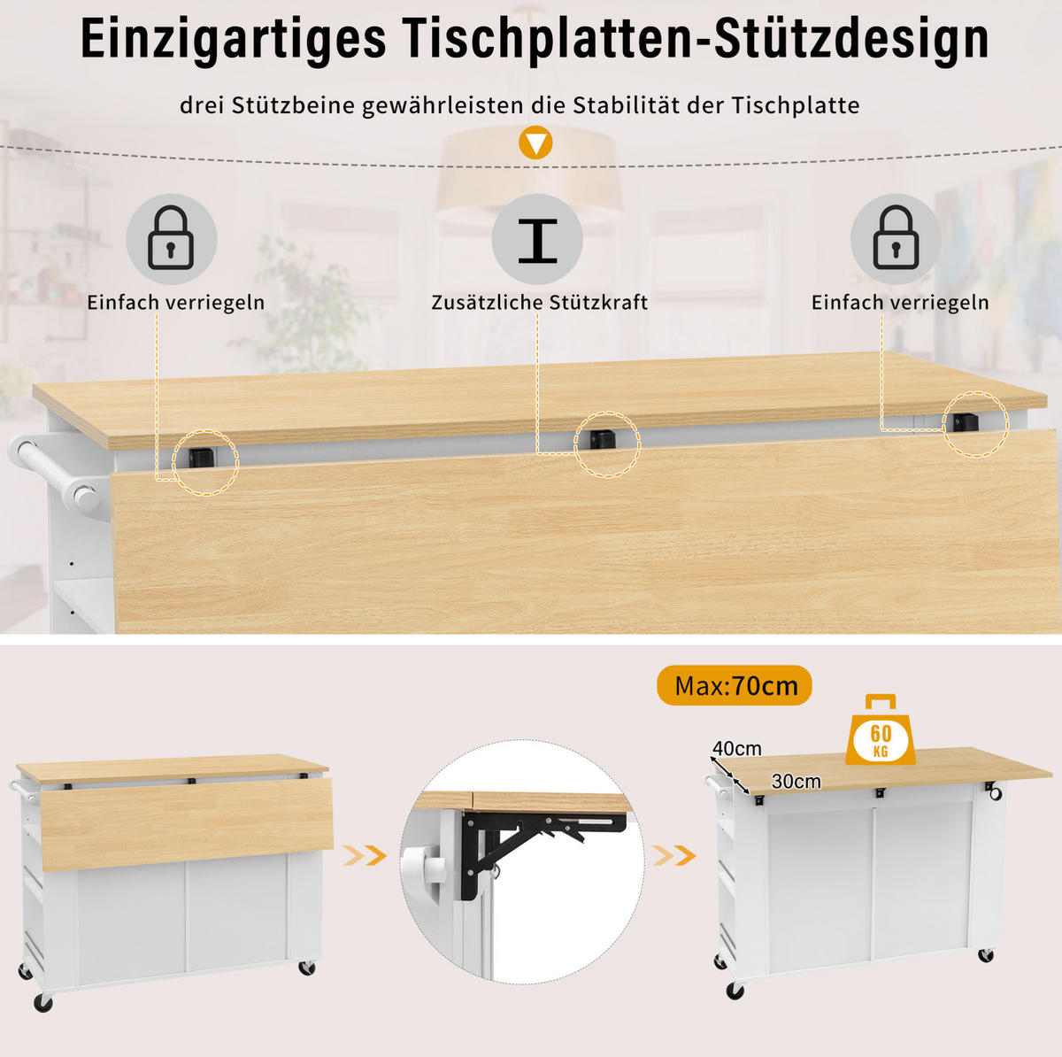 KÜCHENINSEL mit Klapptisch 120 x 40-70 x 92 cm Weiß Natur - Weiß, Holz (70/92/120cm) - Beauniv