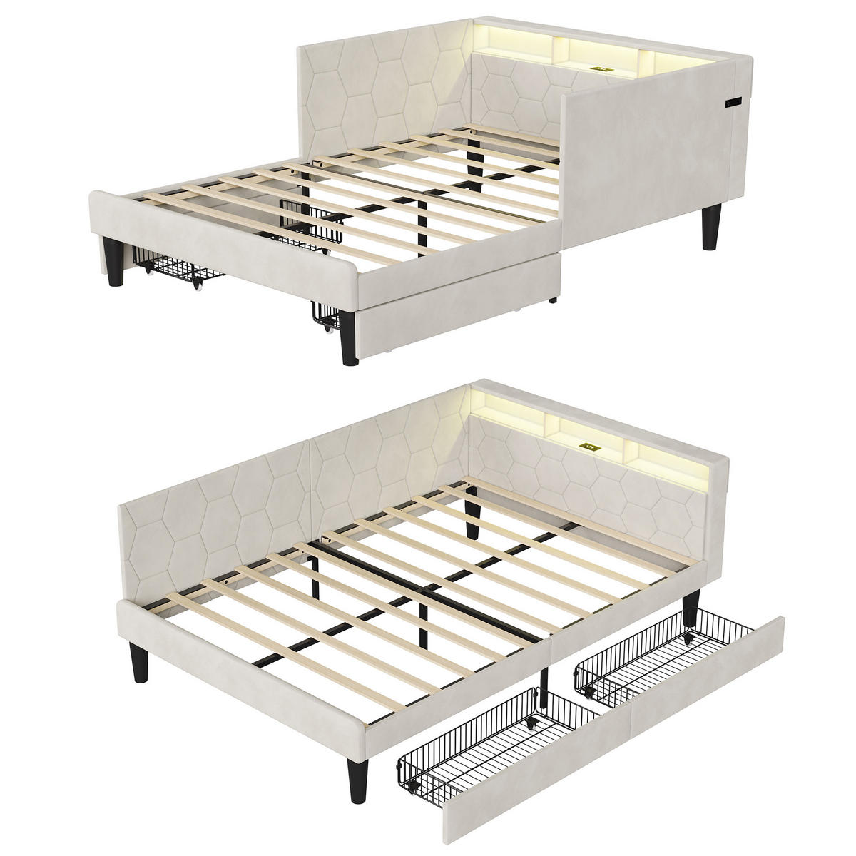 POLSTERBETT 140x200 cm, Stauraumkopf mit Ablagen, 2 Schubladen, LED und USB, Beige Samt - Beige, Holz (140/200cm) - BRILVERDE