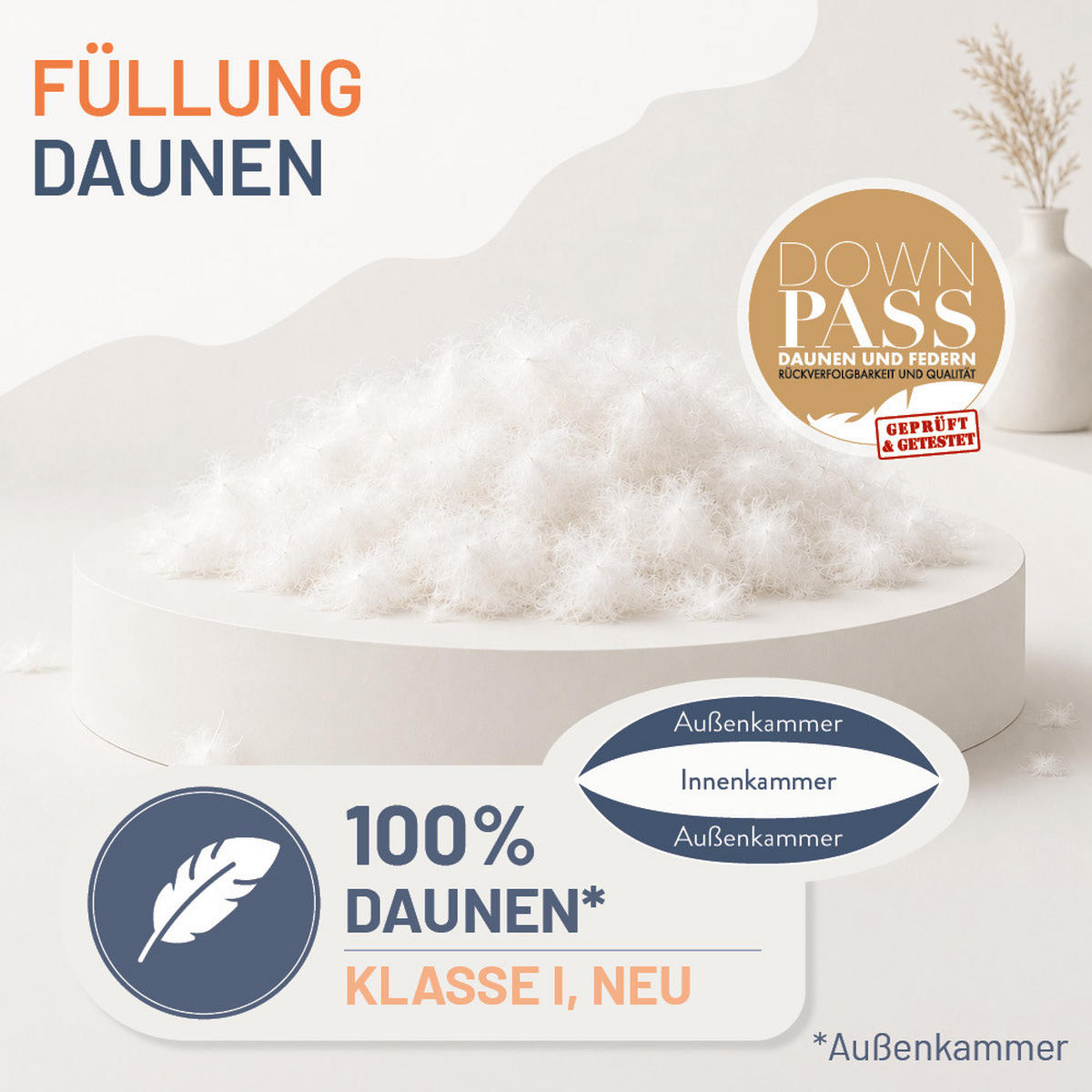KOPFKISSEN 80x80 cm weich & stützend, 3-Kammer Daunenkissen 100% Daunen (Außen) - Weiß, Textil (80/80cm) - casimum