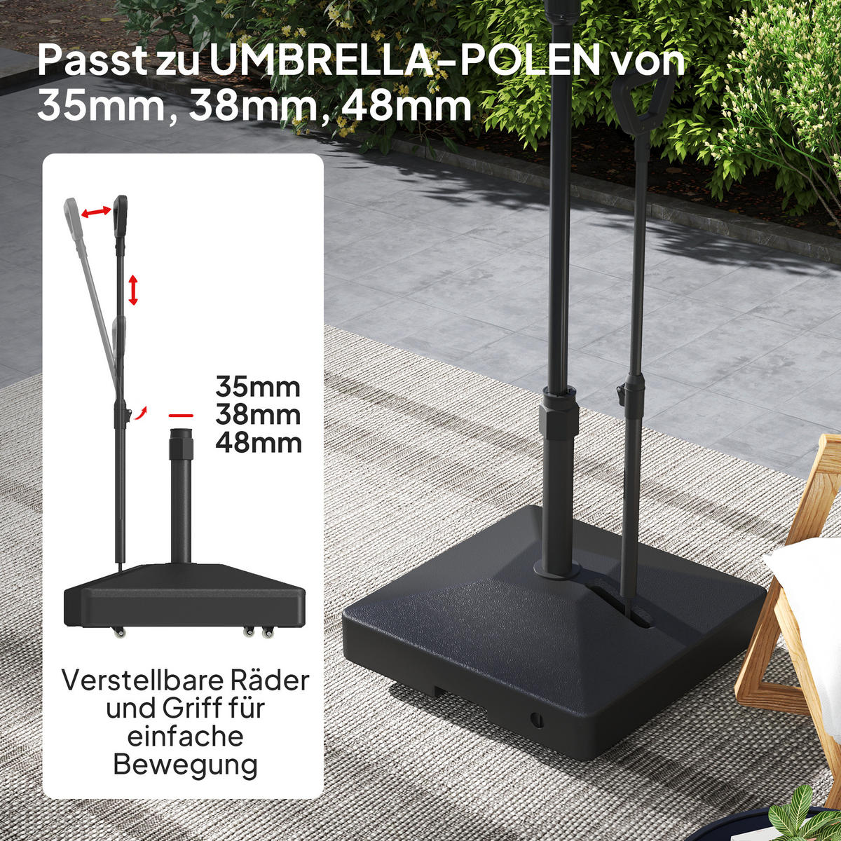 SONNENSCHIRMSTÄNDER bis 55 kg befüllbar Schirmständer mit Rollen, Quadratisch - Schwarz, Kunststoff (60/60cm) - Outsunny