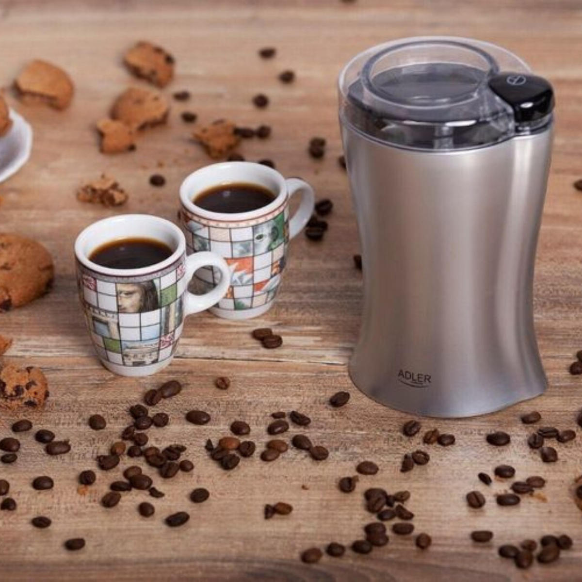 KAFFEEMÜHLE, Elektrisch, 150W, 70g Füllmenge, Edelstahl Mahlwerk, Kaffee, Espresso, Gewürze, Nüsse, Haushalt, Küchenmaschine, Silber, Bohnen, Aroma - Silberfarben/Schwarz, Kunststoff (10/18/10cm) - Adler