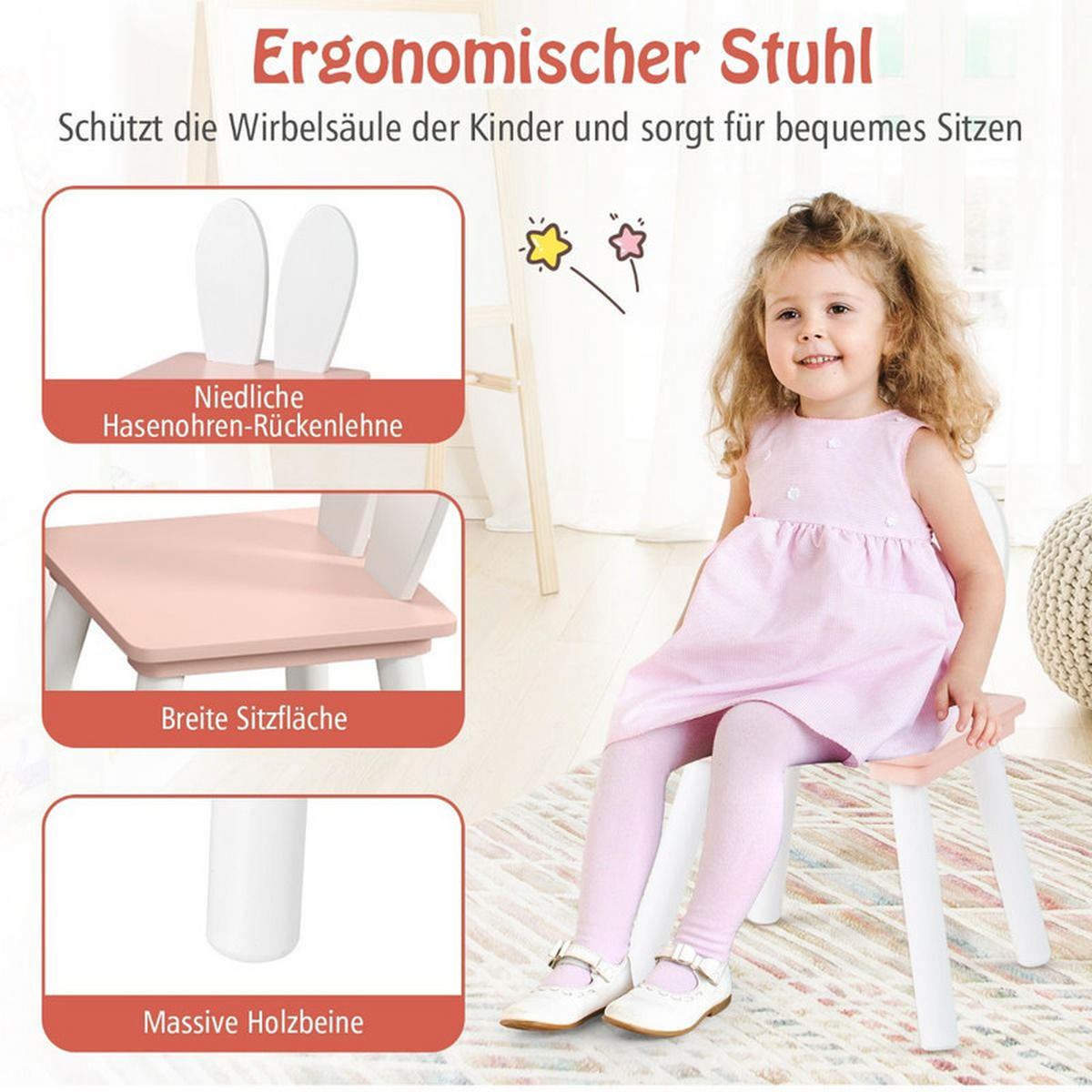 KINDERTISCH mit 2 Stühlen rosa(3-tlg) - Pink, Holzwerkstoff (62/43/62cm) - COSTWAY