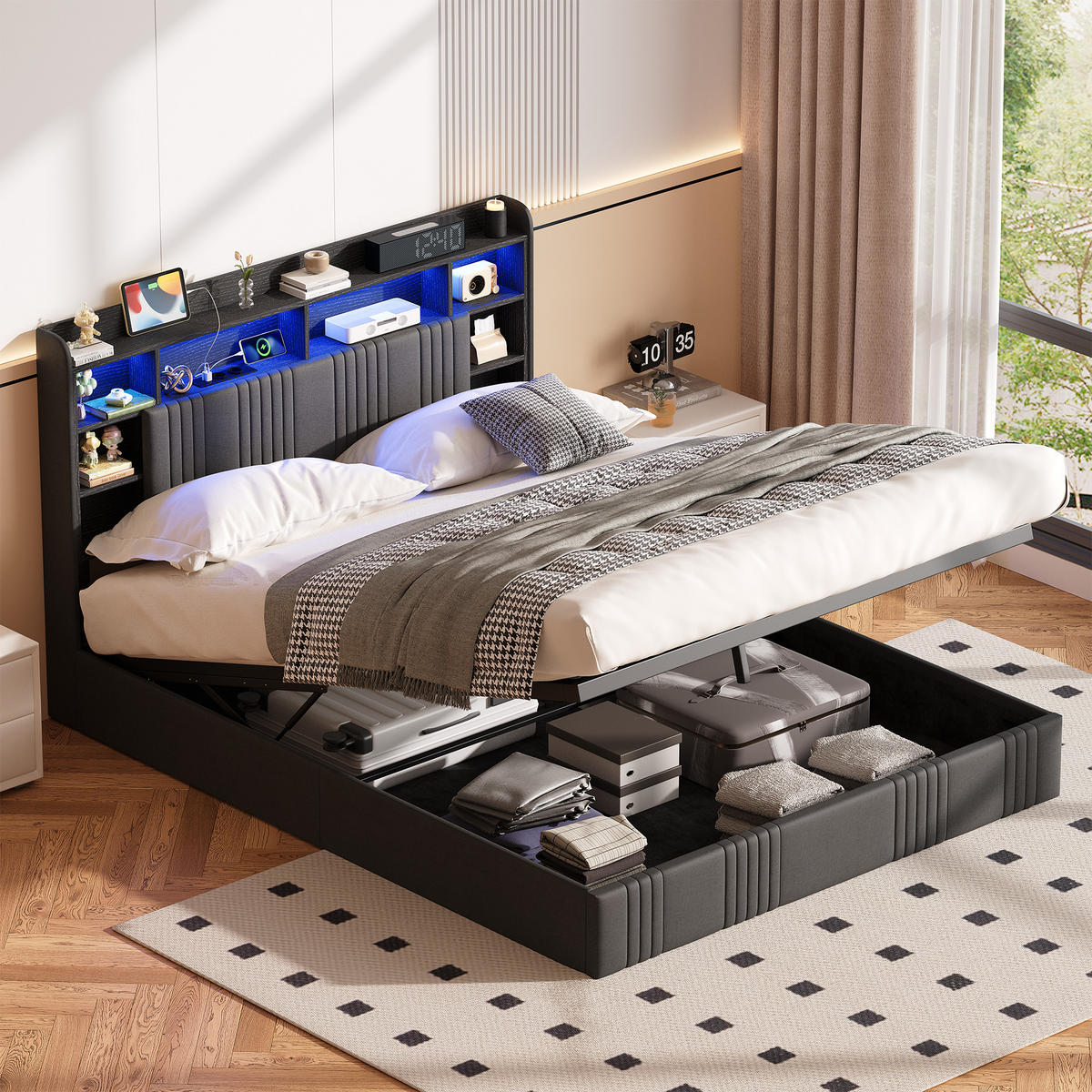 MODERNES POLSTERBETT 160x200 cm mit Stauraum, LED RGB und integrierter Ladestation – Dunkelgrau Leinen - Grau, Holz - SHOPENTRA