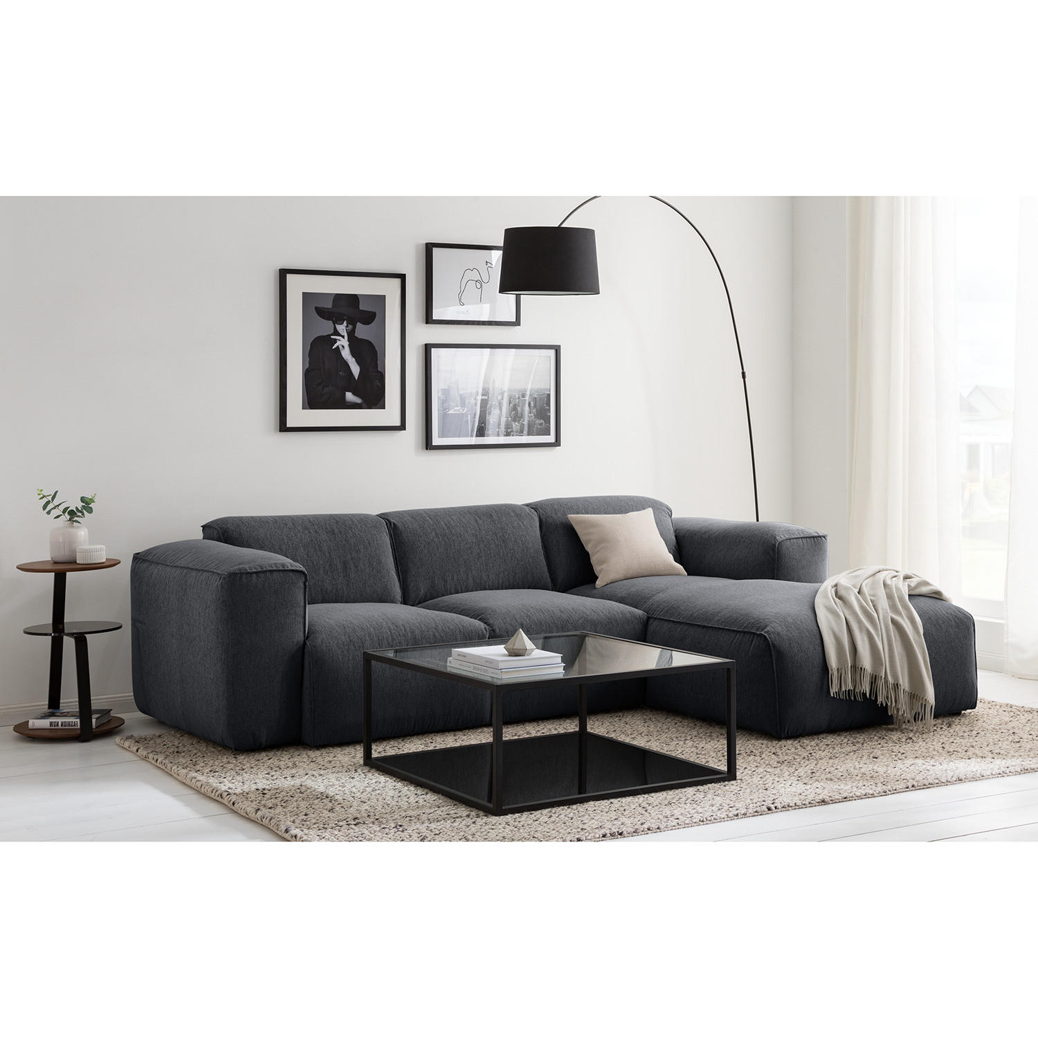 3-SITZER ECKSOFA mit Longchair - Schwarz/Grau, Textil (251/173cm) - home24