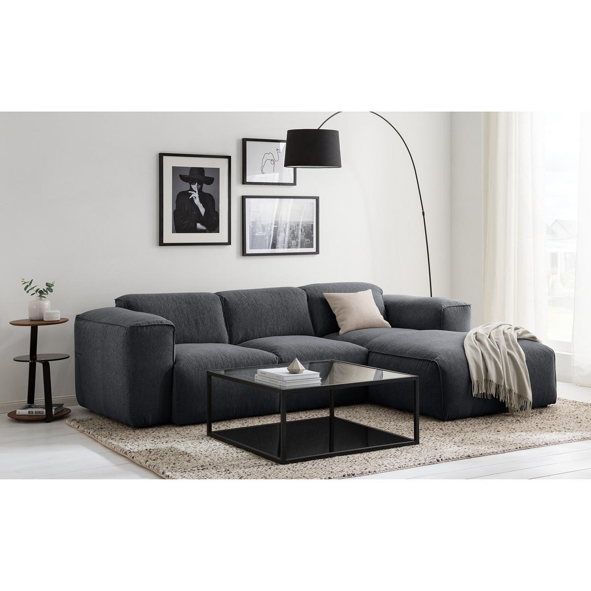 3-SITZER ECKSOFA mit Longchair - Schwarz/Grau, Textil (251/173cm) - home24