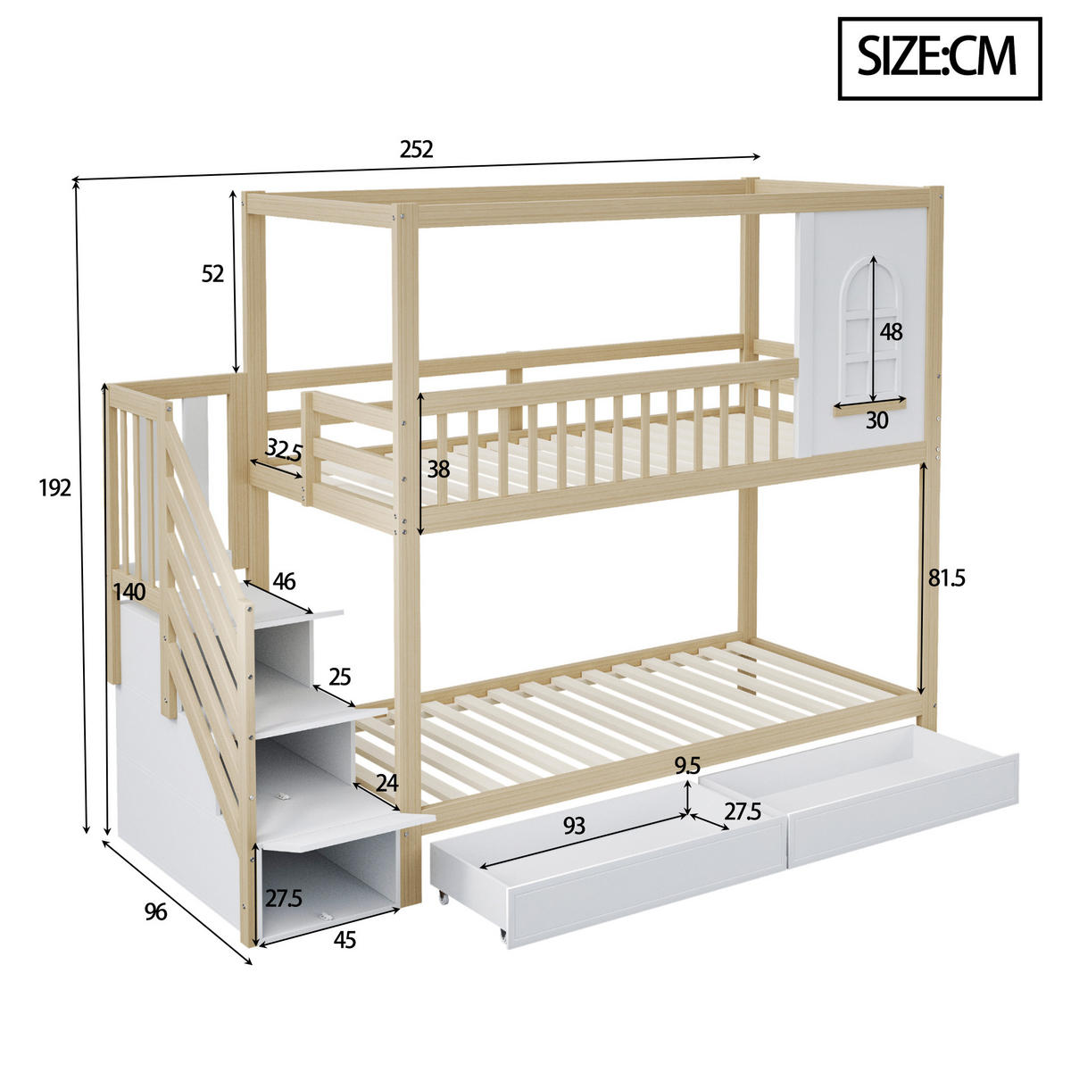 ETAGENBETT aus Massivholz 90x200 cm in Natur mit Schubladen & Sicherheitsleiter - Naturfarben, Holz (90/200cm) - Modfu