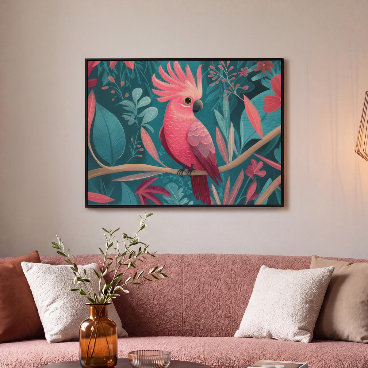 LEINWAND Bilder mit Rahmen - Kakadu - Tropische Blätter - Zweig - 70x50 - Petrol, Textil (70/50cm) - MuchoWow