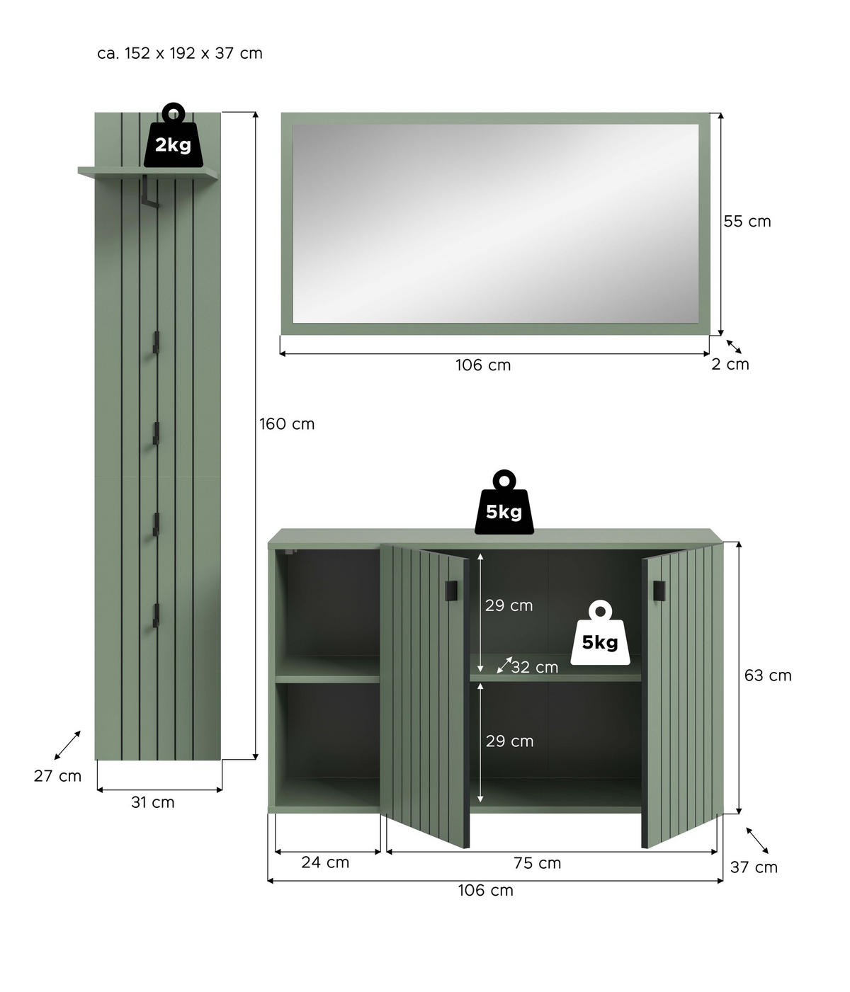 GARDEROBEN-SET STATION 3-tlg. (B/H/T: ca. 152/192/37 cm) in Smoke Green/Smoke Green - Grün, Holzwerkstoff (152/192/37cm)