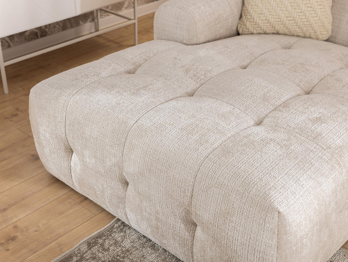 ECKSOFA inkl. Hocker Kozy im Bumpy-Design mit Schlaffunktion und fester Rückenlehne aus weichem Beige Chenille-Stoff - Ottomane links - Beige/Creme, Holz/Kunststoff (161/234cm) - S-Style Möbel