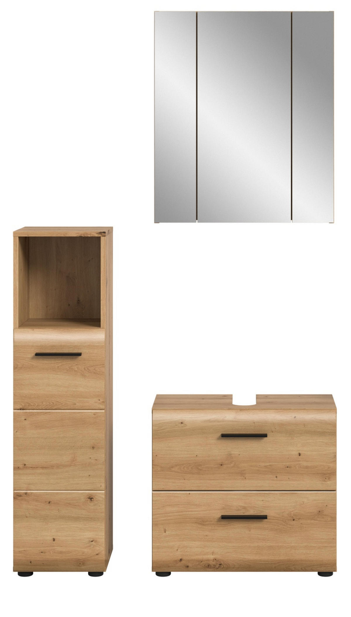 BADMÖBEL Set Eiche Artisan 3-teilig, Badkombination 105 cm, modernes Design, Cover - Schwarz/Eiche Artisan, Glas/Holzwerkstoff (105/185/30cm) - Inn.Furn