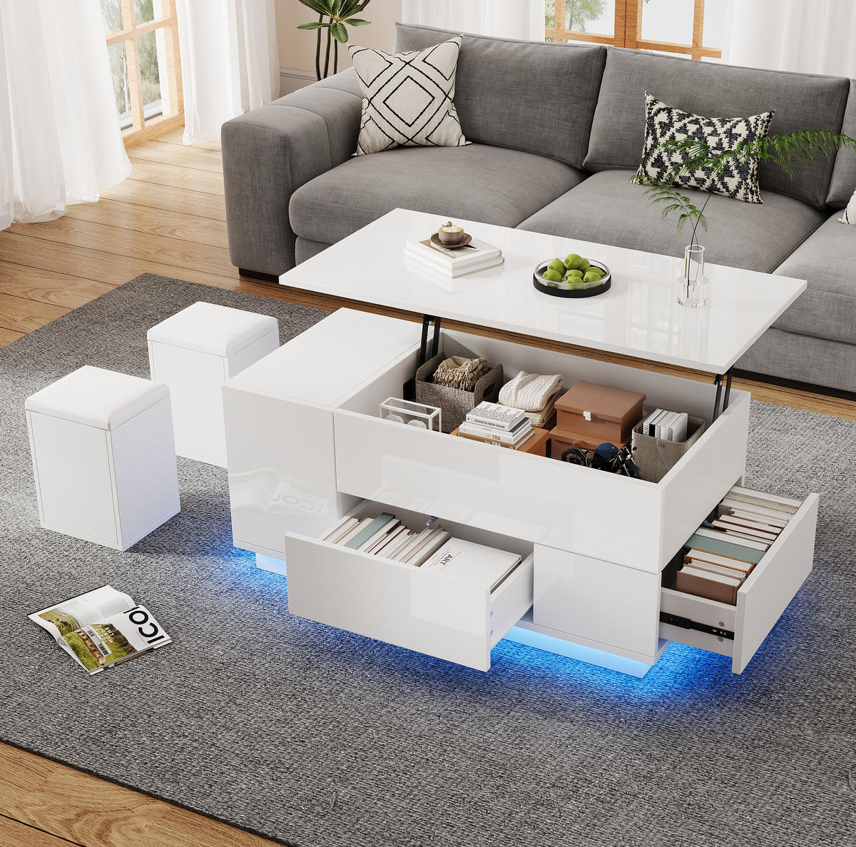 COUCHTISCH höhenverstellbar 100 x 50 x 45 cm Weiß mit LED und 2 Hockern - Weiß, Holzwerkstoff (100/50/59cm) - Meubliv