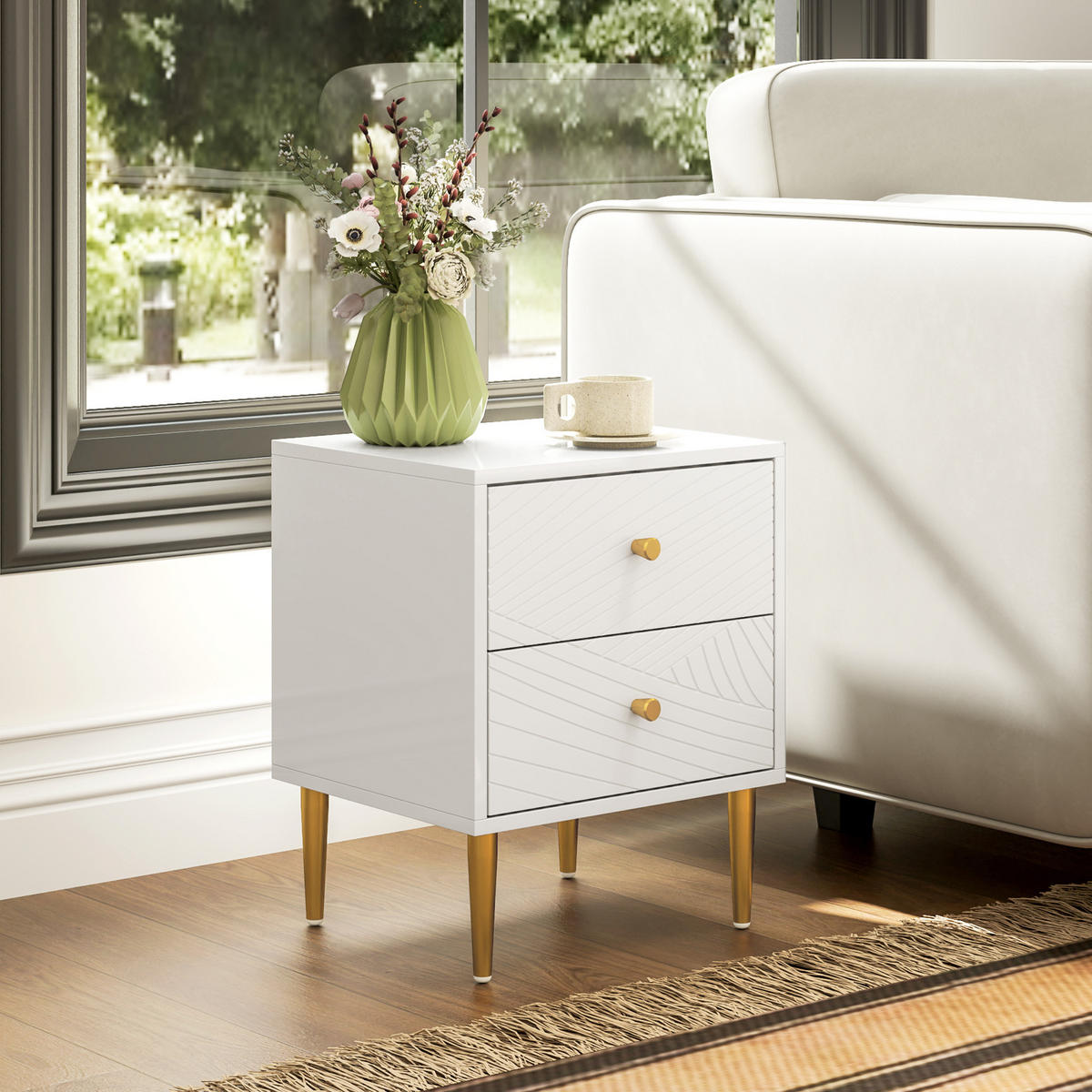 NACHTSCHRANK DE-12858 2 Schubladen, goldene Akzente Weiß - Weiß, Holzwerkstoff (35/50/40cm) - ComfortXL
