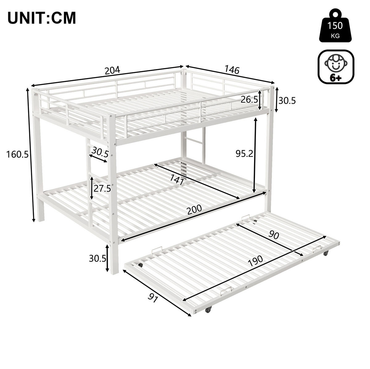 ETAGENBETT 140/200 cm Weiß mit Ausziehbett ohne Matratze - Weiß, Metall (140/200cm) - MIVRAY