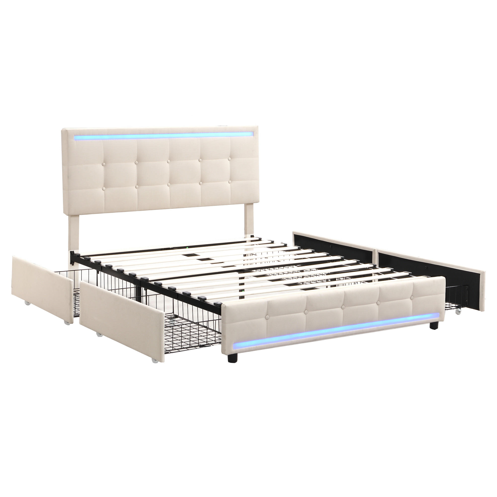 POLSTERBETT 140x200 cm LED USB Schubladen beige - Beige, Textil (140/200cm) - Fortuna Lai