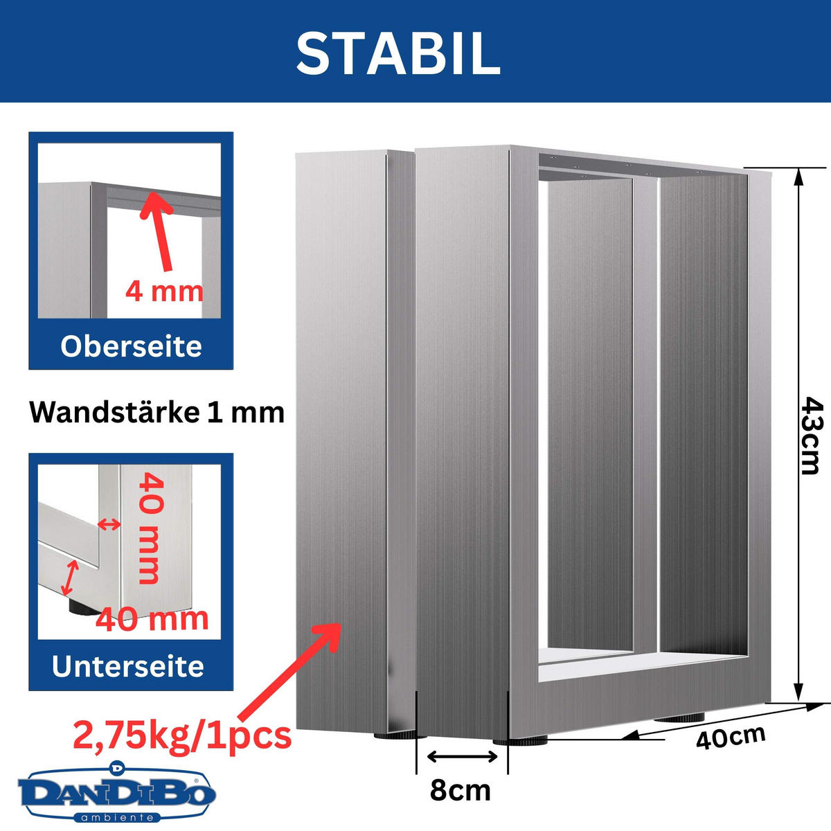 BANKGESTELL Edelstahl 40/43 cm - Edelstahlfarben, Metall (40/43/8cm) - DanDiBo
