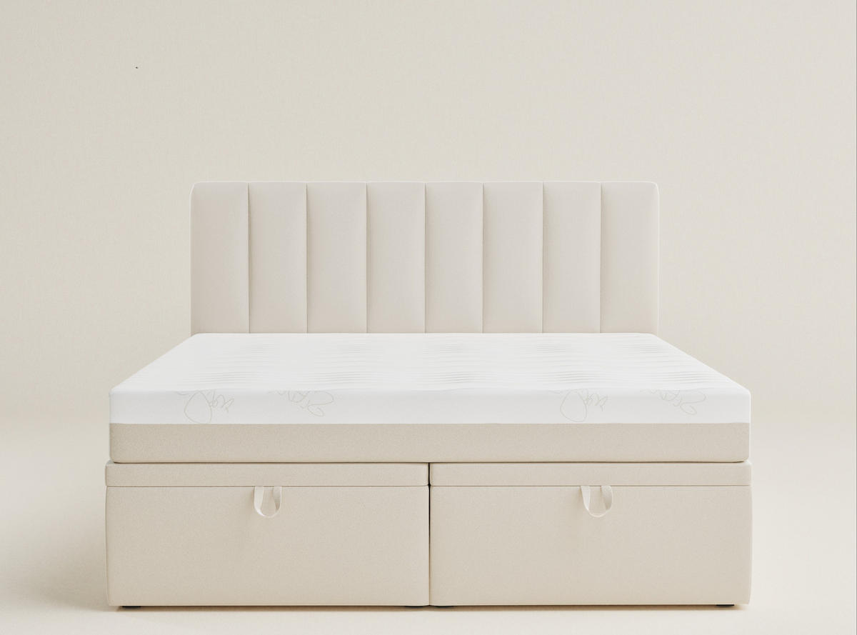 BOXBETT 140/200 cm Lovage M, in Hellbeige, Matratze, gepolstertes Kopfteil, Bettkasten, H3 = fest - Beige/Schwarz, Holz/Holzwerkstoff (140/200cm) - Maison de Reve