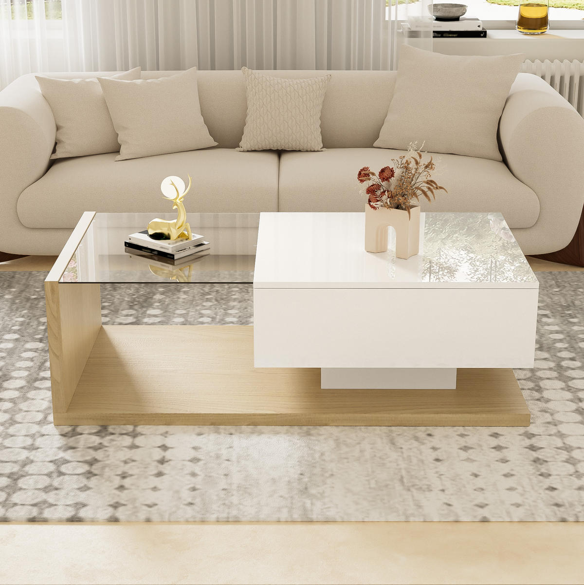 COUCHTISCH 105/55 cm mit Ablagefach, Glasplatte und LED-Beleuchtung - Weiß, Holzwerkstoff (105/55/32.5cm) - BEAOK