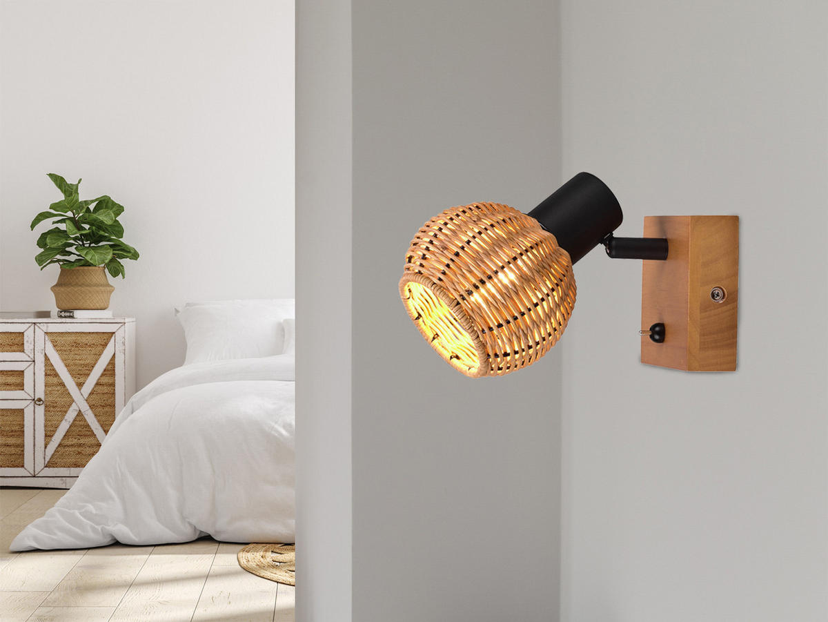 WANDSTRAHLER Höhe 14cm, mit Schalter & Rattan Lampenschirm - Naturfarben, Naturmaterialien/Holz (18/11/14cm) - meineWunschleuchte