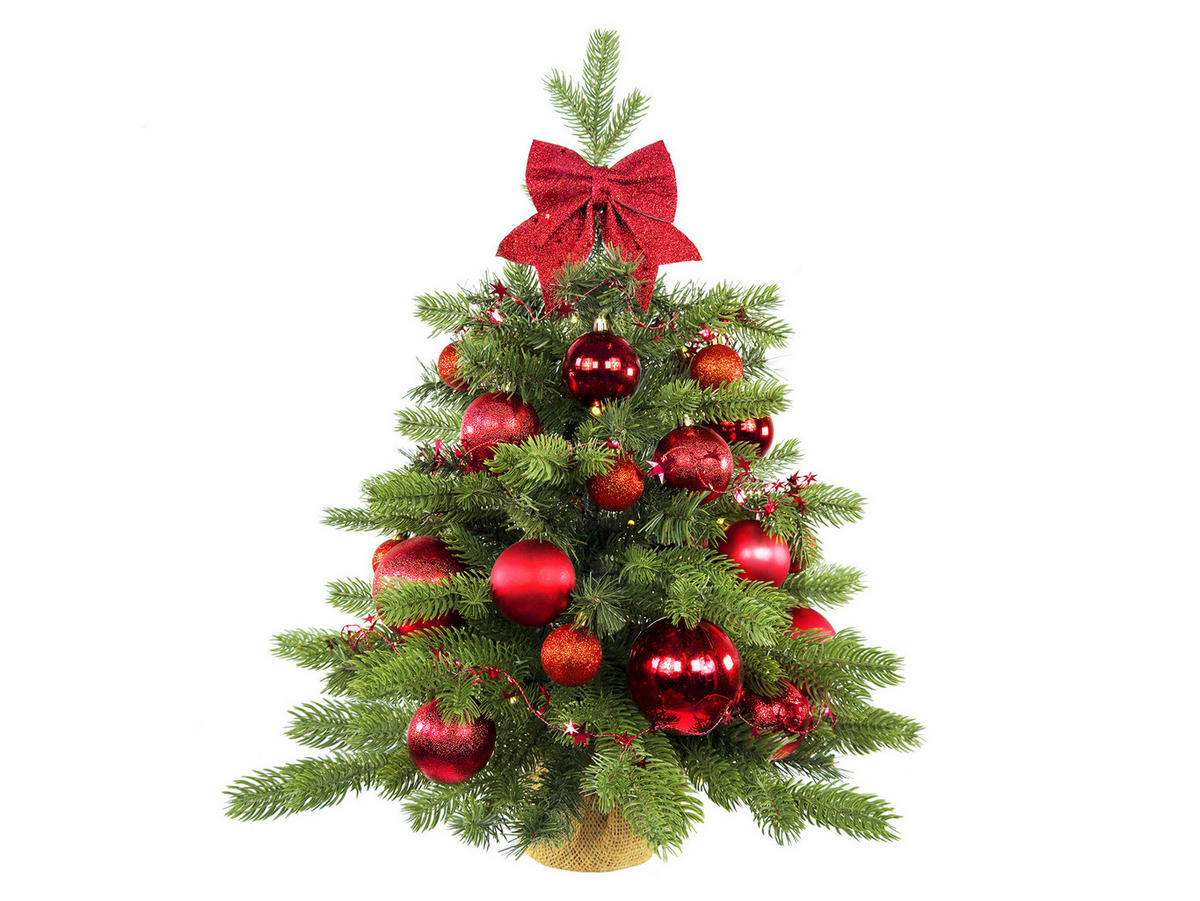 WEIHNACHTSBAUM künstlicher 60 cm mit LED-Beleuchtung, GOLDWEIHNACHTEN II, mit 34 Weihnachtsbaumschmuck, Pflanztopf mit Jutesack - Rot/Grün, Kunststoff/Stein (40/60cm) - LAALU