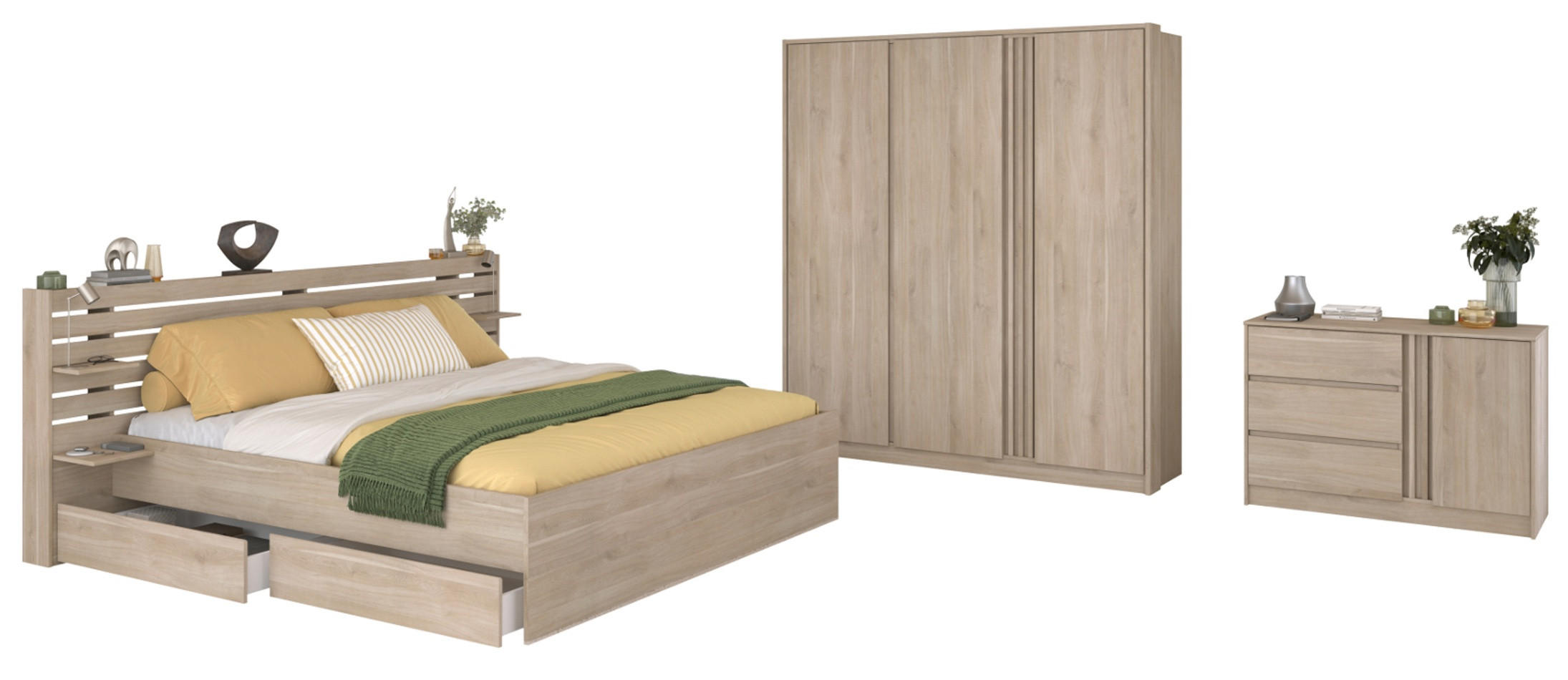 SCHLAFZIMMER-SET 3-teilig Eiche japanisch, Komplettset mit Bett 180 x 200 cm - Eichefarben, Holzwerkstoff/Metall (236/203/217cm) - Parisot Meuble