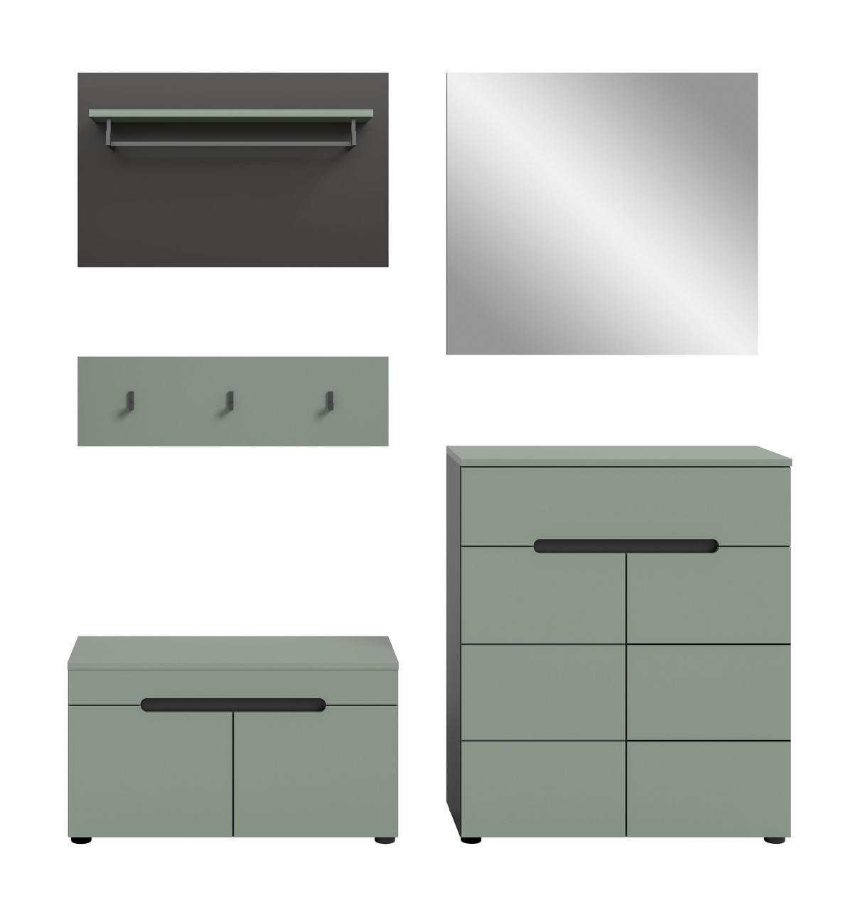 GARDEROBE Nova (B/H/T: ca. 175/190/37 cm) 5 tlg. in Basalt grau/Smoke Green - Grau, Holzwerkstoff (175/190/37cm)