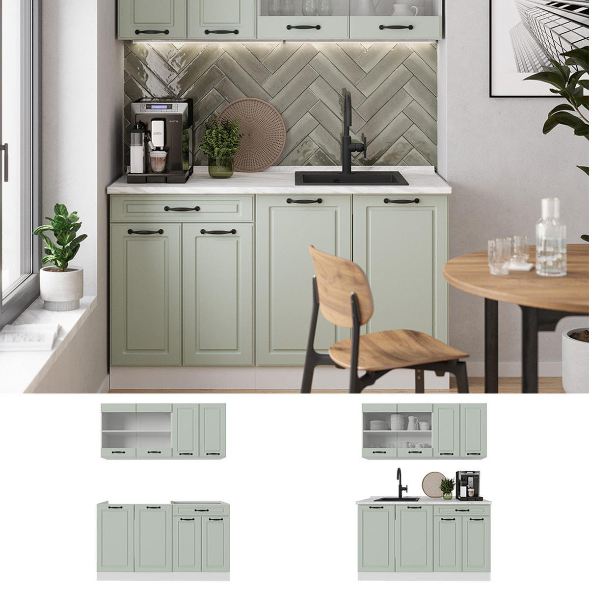 SINGLEKÜCHE R-Line, Mint Landhaus/Weiß, 140 cm ohne Arbeitsplatte - Weiß/Grün, Holzwerkstoff (140/81.6/46cm) - Vicco
