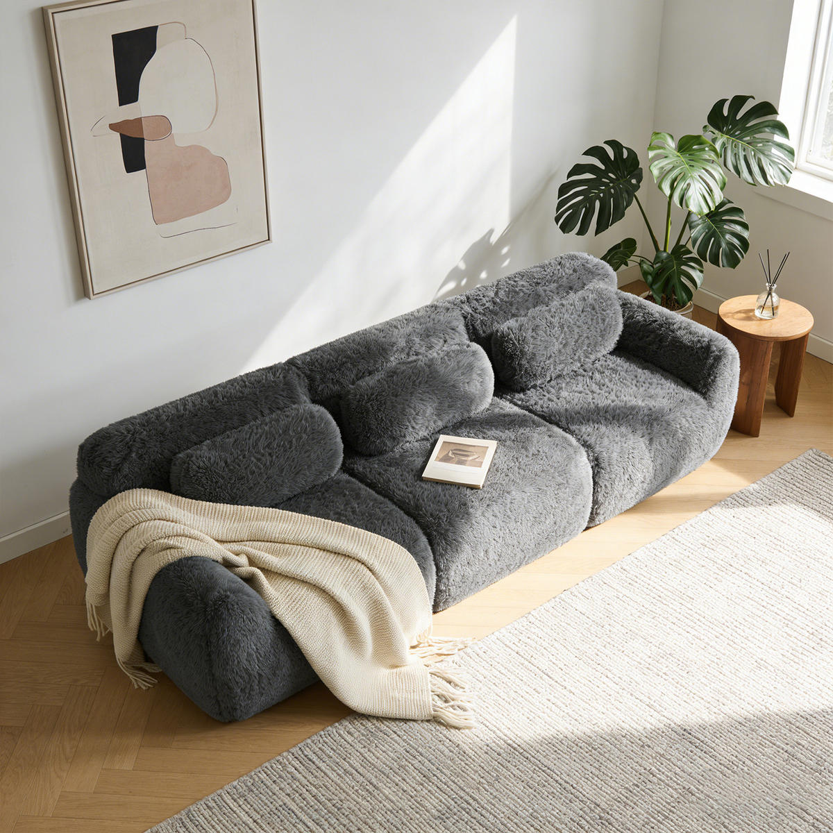 SOFA Modulares 3-Sitzer, keine Montage erforderlich, Webpelz-Bezug, Grau - Grau, Textil (104/73/291cm) - Meubles Cosy
