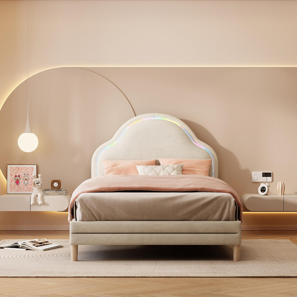 POLSTERBETT 90/200 cm Beige mit wolkigem Kopfteil und LED-Beleuchtung aus Samt - Beige, Textil (90/200cm) - OKWISH