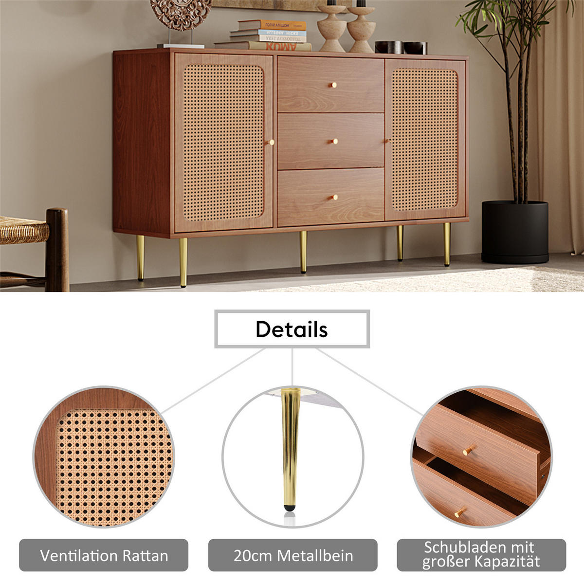 SIDEBOARD Nussbaum 150x90x40 cm Rattan mit Stauraum - Walnussfarben, Holz (150/90/40cm) - Kaket