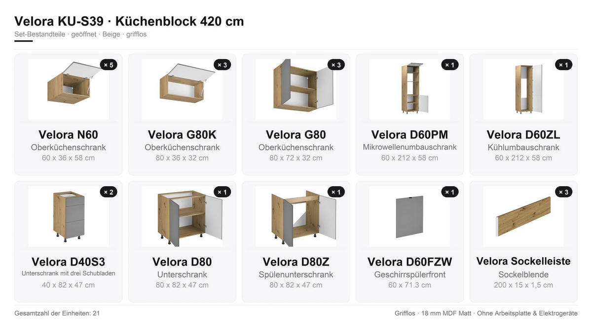 KÜCHENZEILE – Küchenblock 420 cm VELORA – KU-S39 – Beige - Beige, Holzwerkstoff (420/248/58cm) - hi-markt