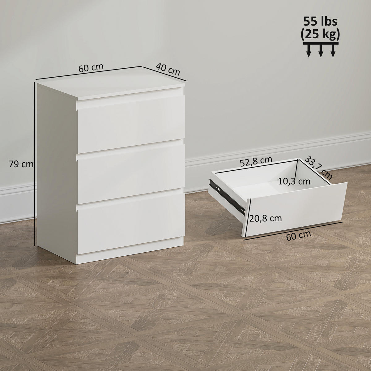 KOMMODE mit 3 Schubladen für Wohnzimmer Spanplatte Weiß - Weiß, Holzwerkstoff (40/79/60cm) - HOMCOM