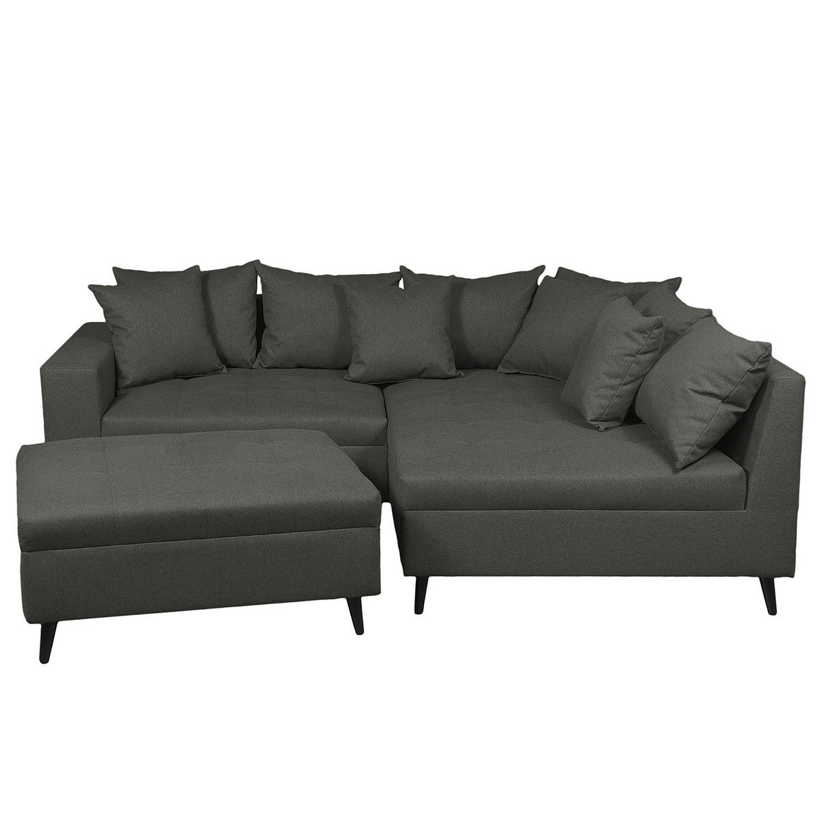 ECKSOFA mit Ottomane und Hocker - Dunkelgrau/Schwarz, Birkenholz/Textil (247/174cm) - home24
