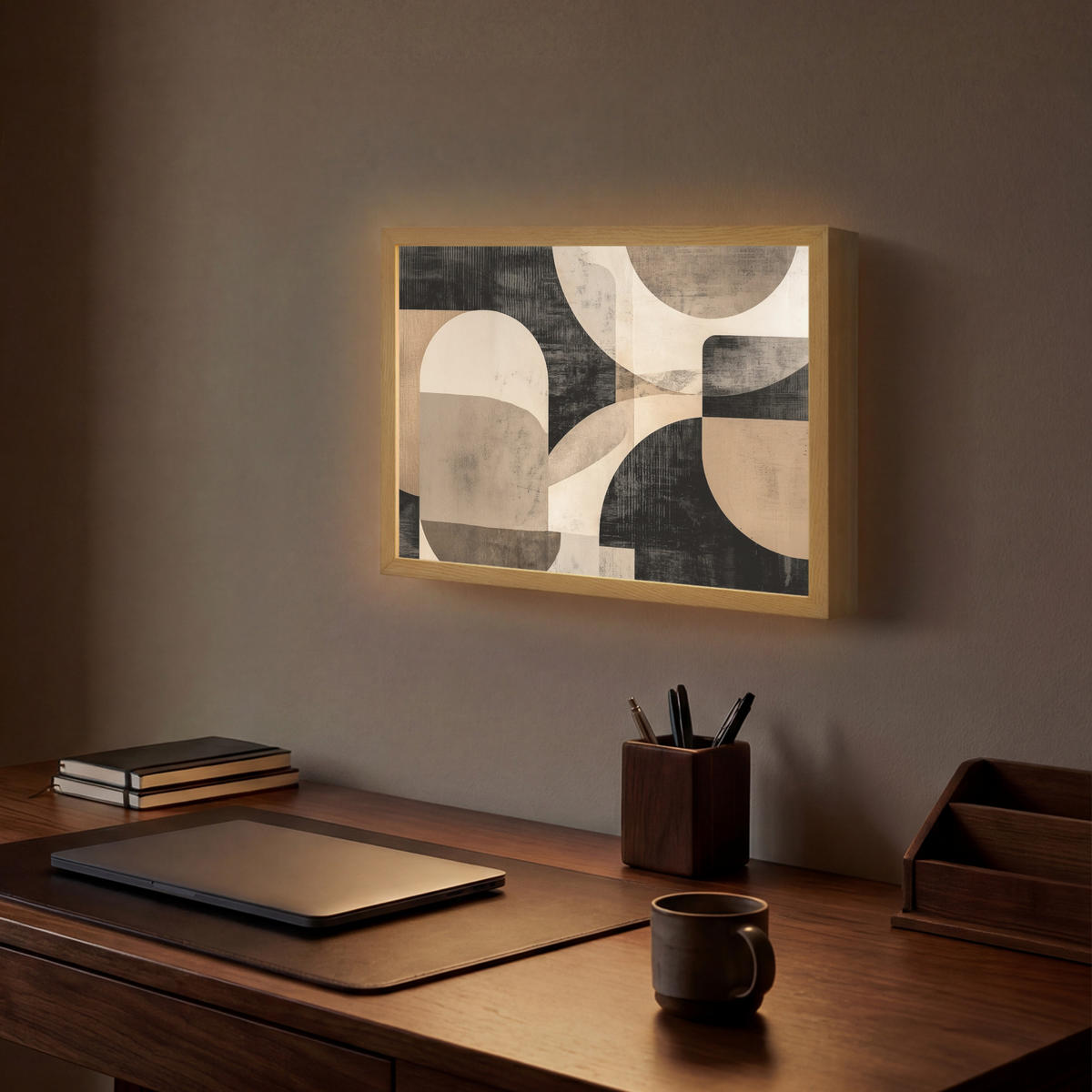 NÁSTĚNNÁ LAMPA S AKUMULÁTOREM Abstraktní - Tvary - Moderní - Béžová 40x30 cm - šedá, kompozitní dřevo (40/30/8cm) - OnlyWow