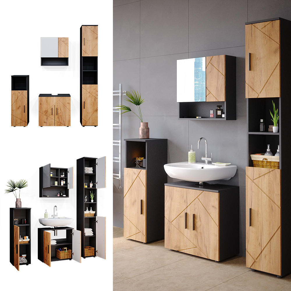 BADMÖBEL-SET Irma Goldkraft Eiche/Anthrazit 4 Teile, mit Hochschrank - Anthrazit/Eiche Wotan, Holzwerkstoff (80/58.6/41cm) - Vicco