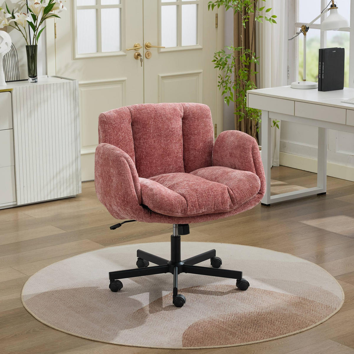 DREHSTUHL DE-40969 mit Chenille-Bezug und klappbaren Armlehnen Rosa - Pink, Metall (57.5/92.5/60cm) - ComfortXL