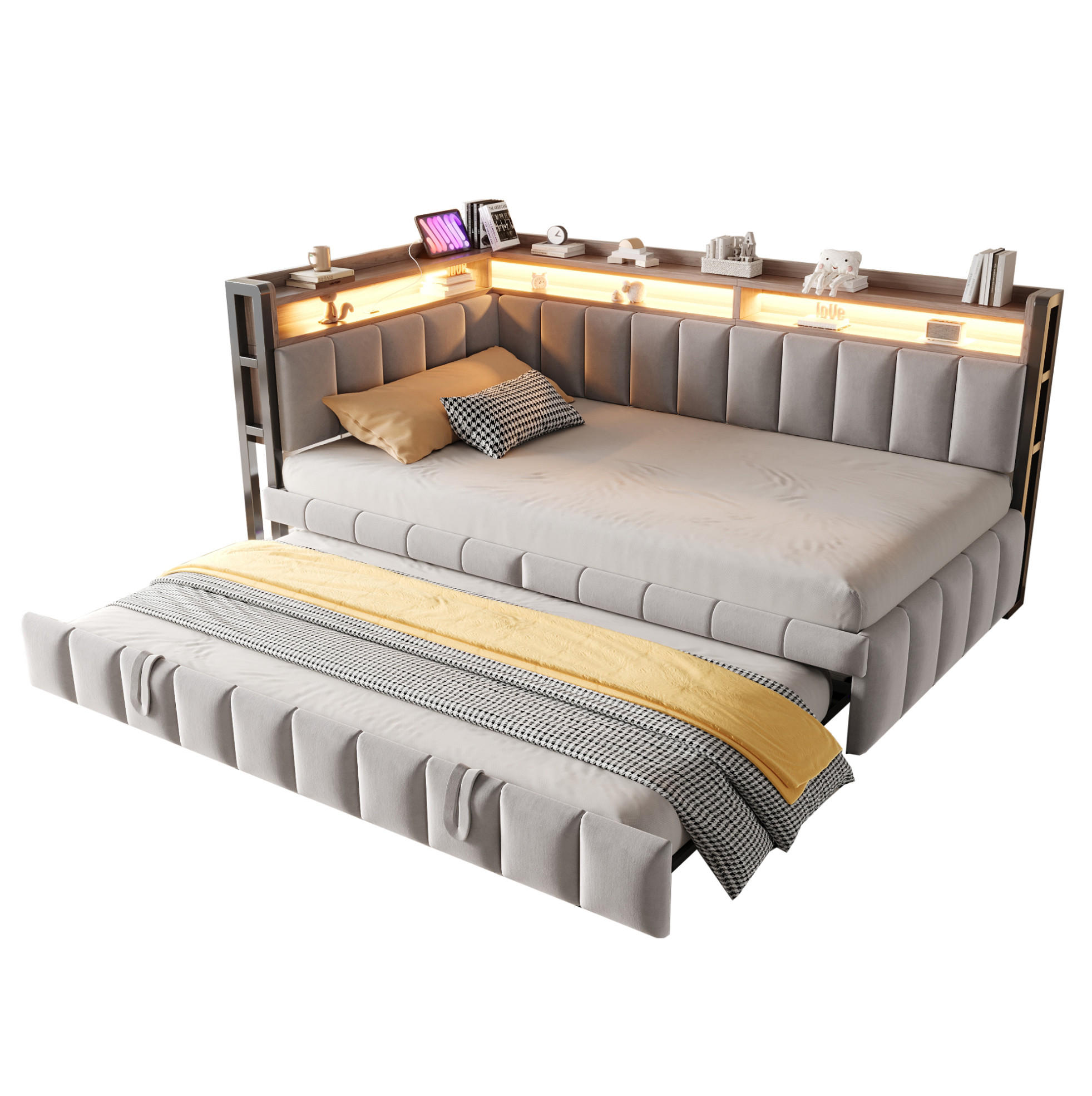 POLSTERBETT Schlafsofa aus Samt 90x200 cm Hellgrau mit Ausziehbett, LED-Beleuchtung und USB-/Typ-C-Anschlüssen - Hellgrau, Textil (90/200cm) - Modfu