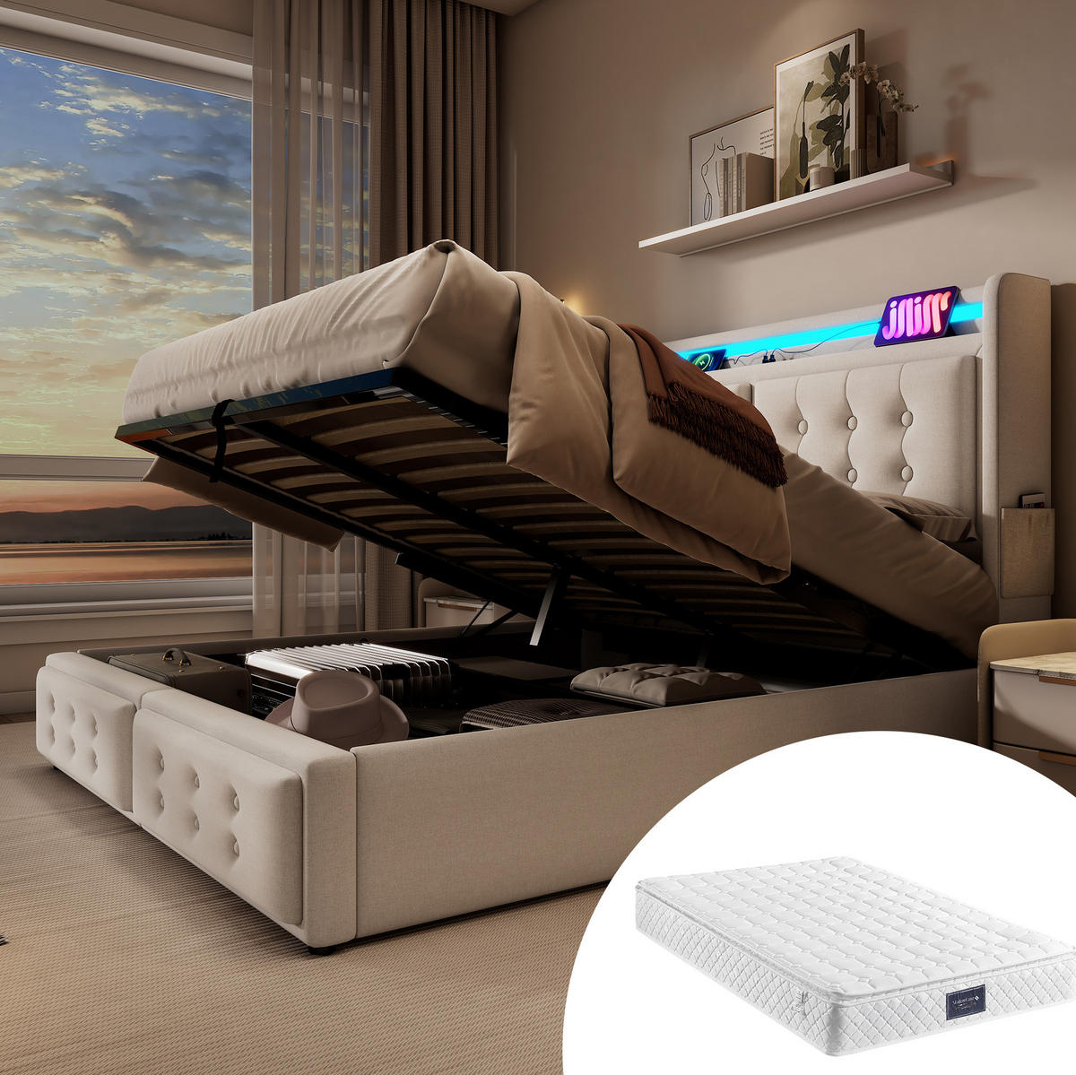 POLNJENA postelja iz bombažno-lanene tkanine 160x200 cm bež z LED osvetlitvijo, USB-C in prostorom za shranjevanje - bež, tekstil (160/200cm) - Modfu